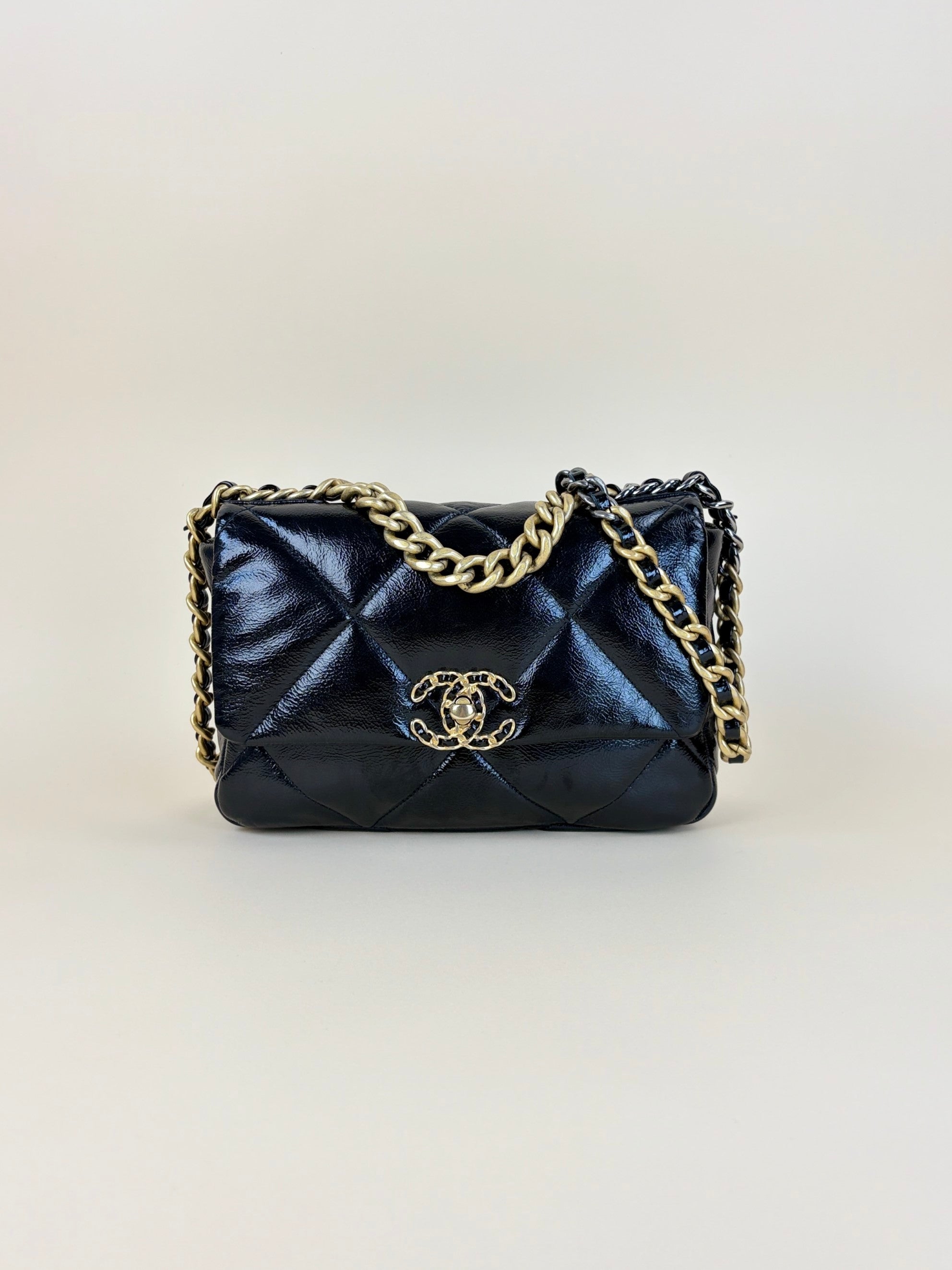Chanel Black Shiny Crumpled Quilted Medium Chanel 19 Flap Bag