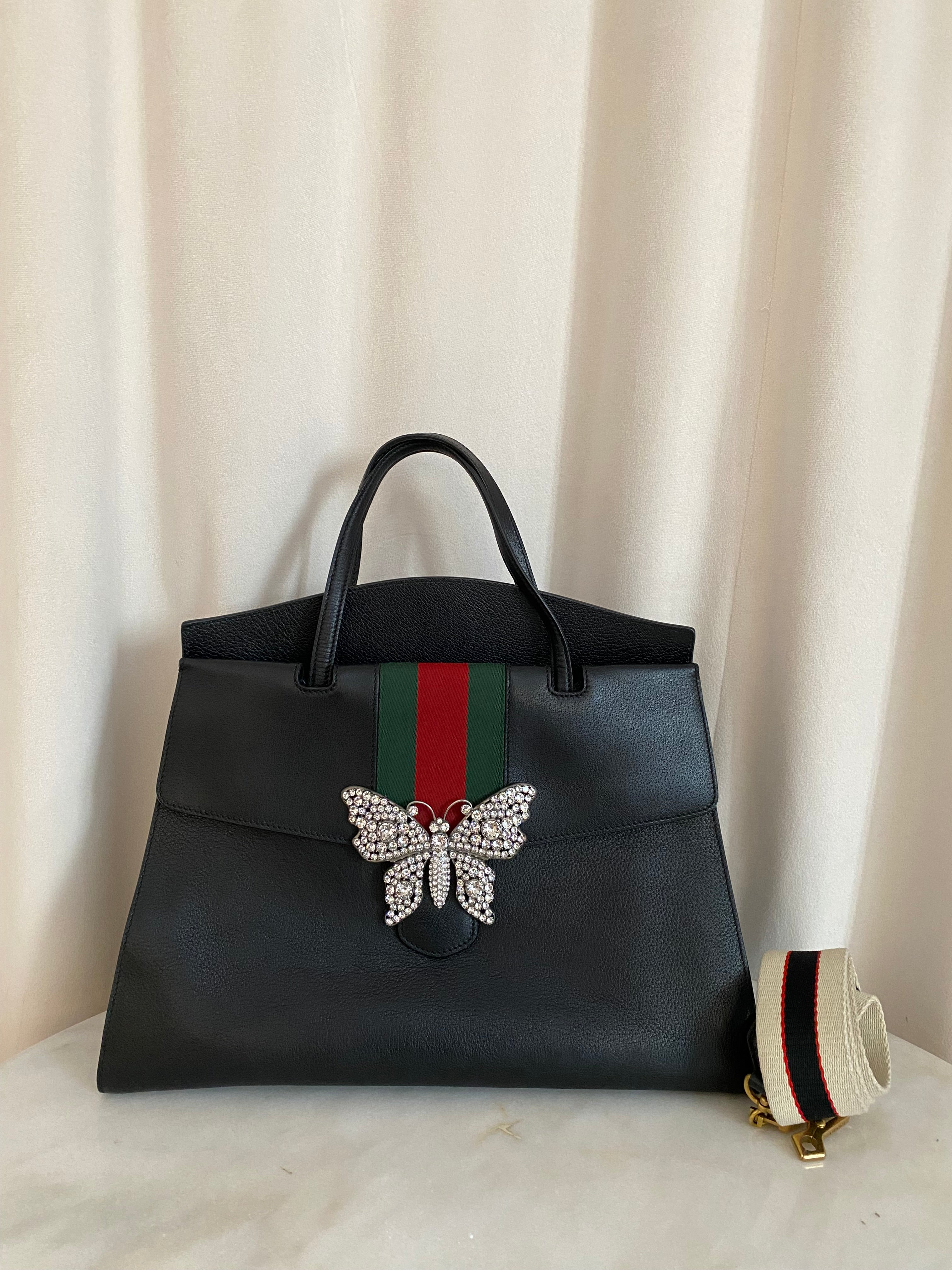 Gucci Black Linea Tote Crystal Butterfly Ophidia Large Bag