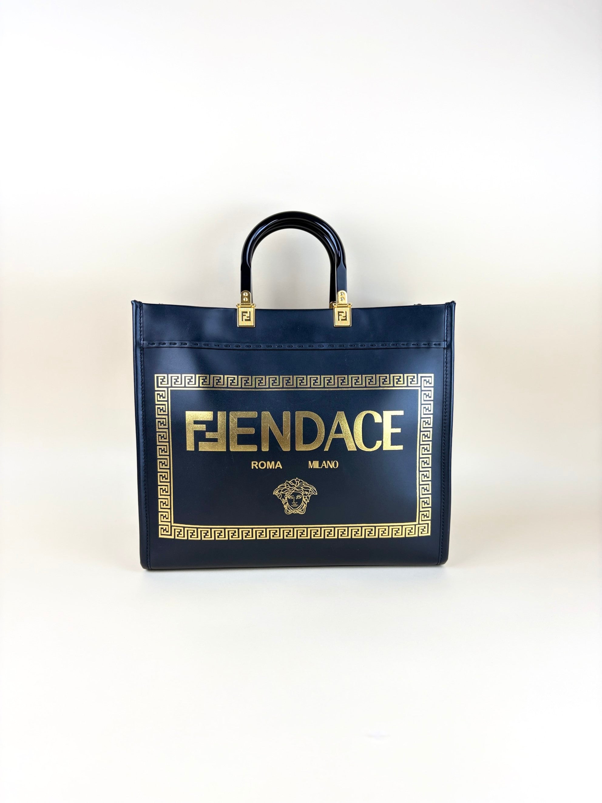 Fendi Versace black calfskin fen dace medium sunshine black shopper bag