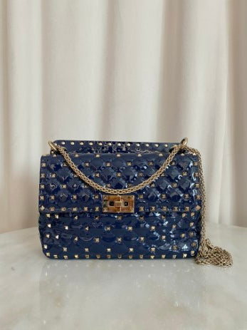 Valentino Navy Blue Medium Rockstud Spike Top Handle Bag W/ Chain