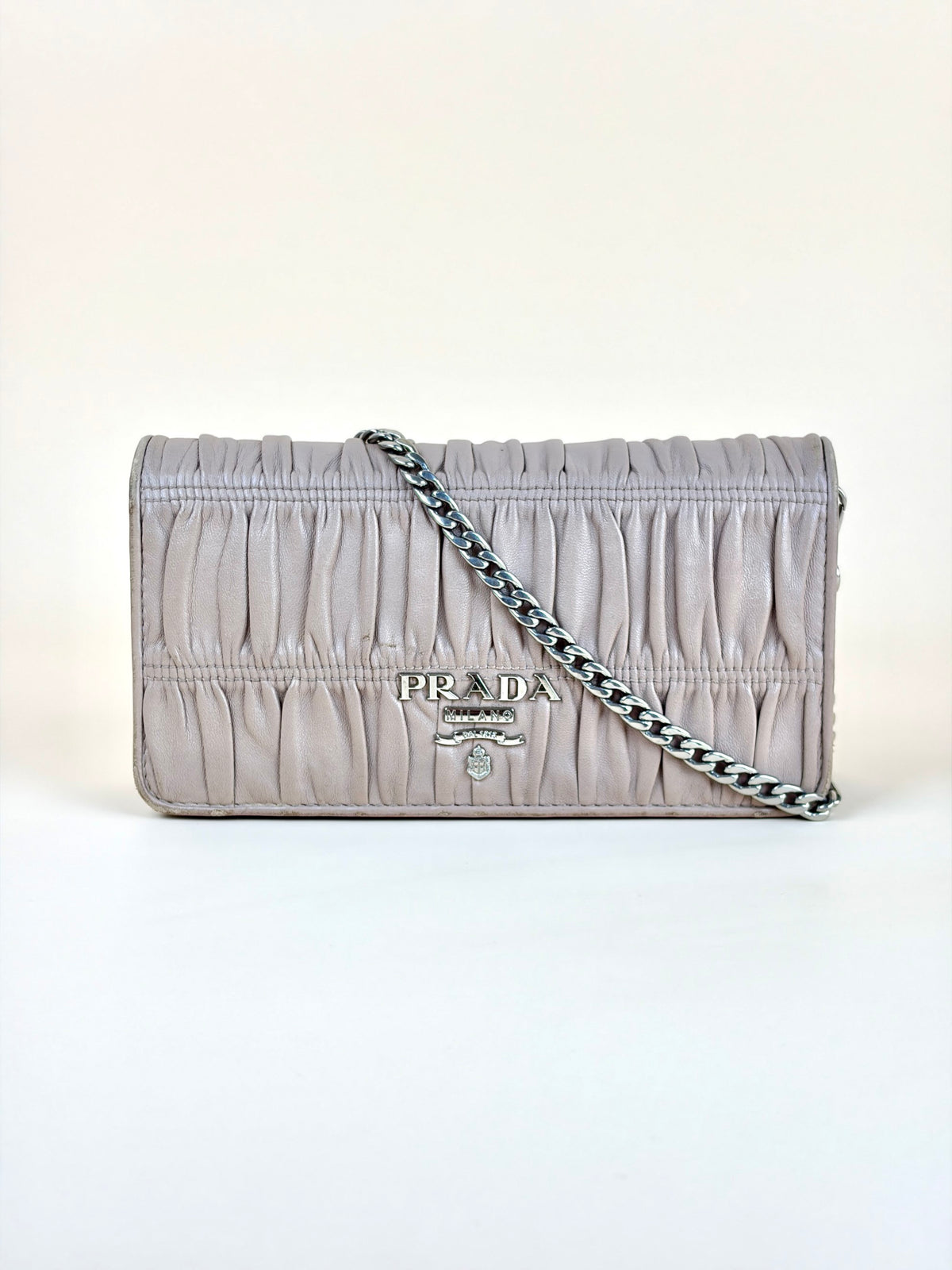 Prada nude nappa leather gaufre wallet on chain