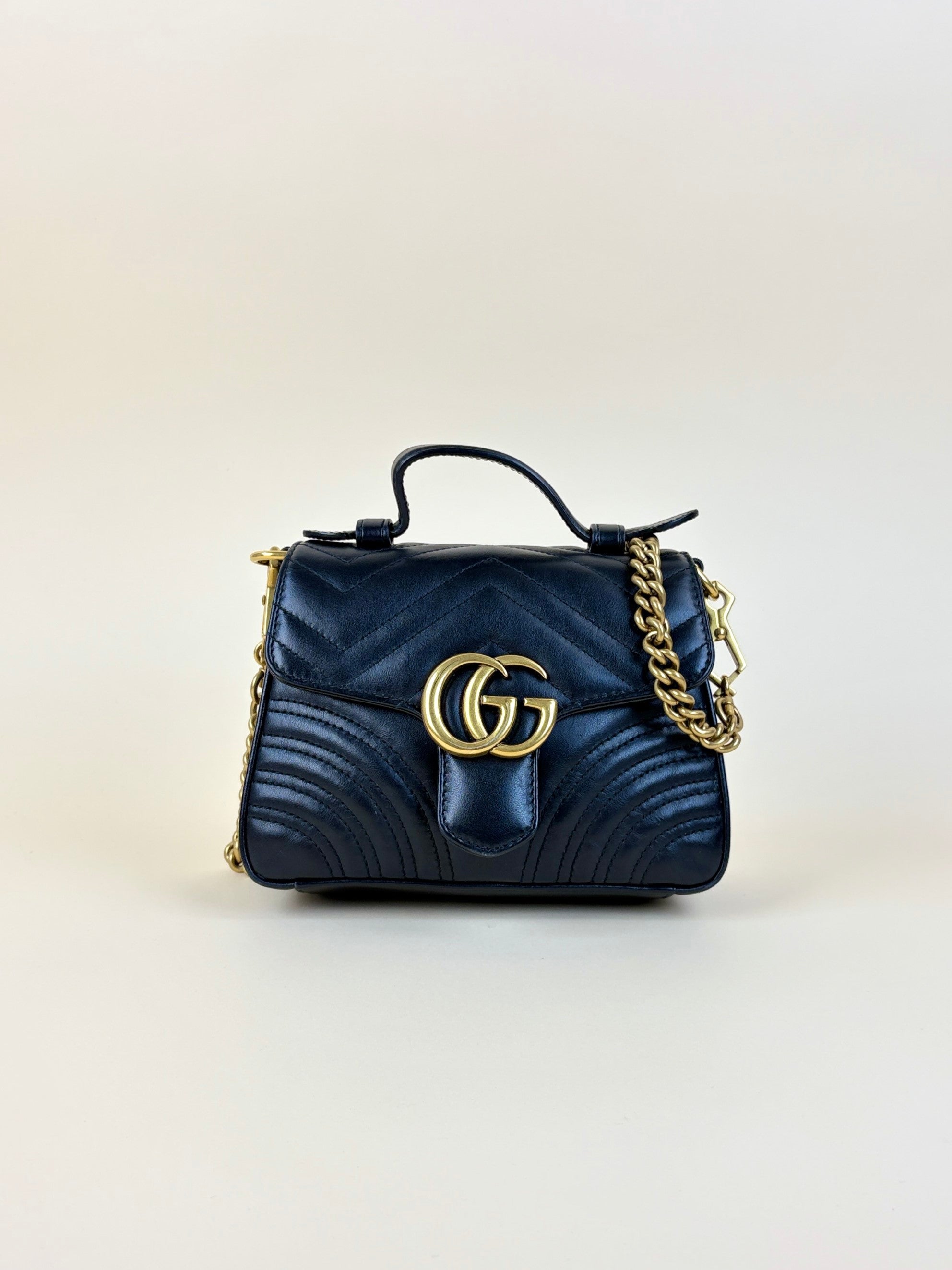Gucci Black Matelasse Mini GG Marmont Top Handle Shoulder Bag