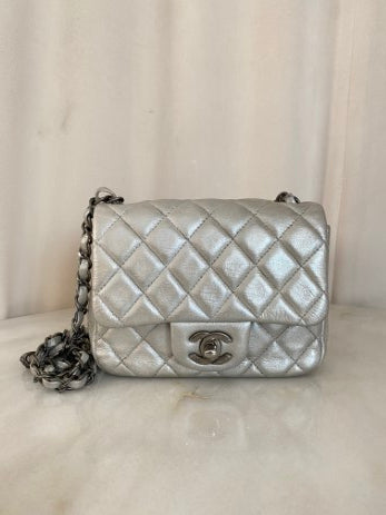 Chanel Silver Mini Square Classic Flap Bag