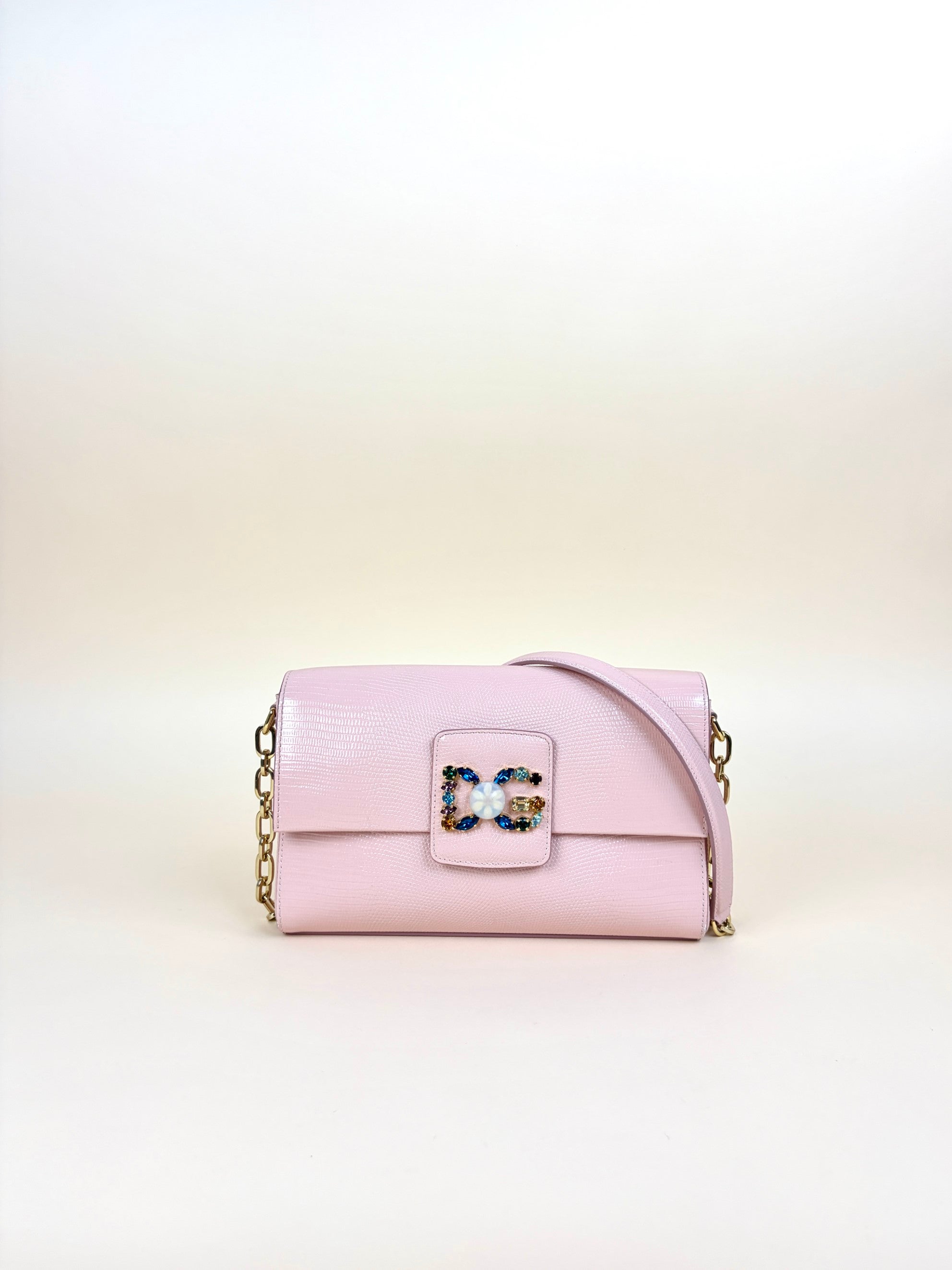 dolce Gabbana Pouder pink lizard embossed crystal embellished dg millennials chain