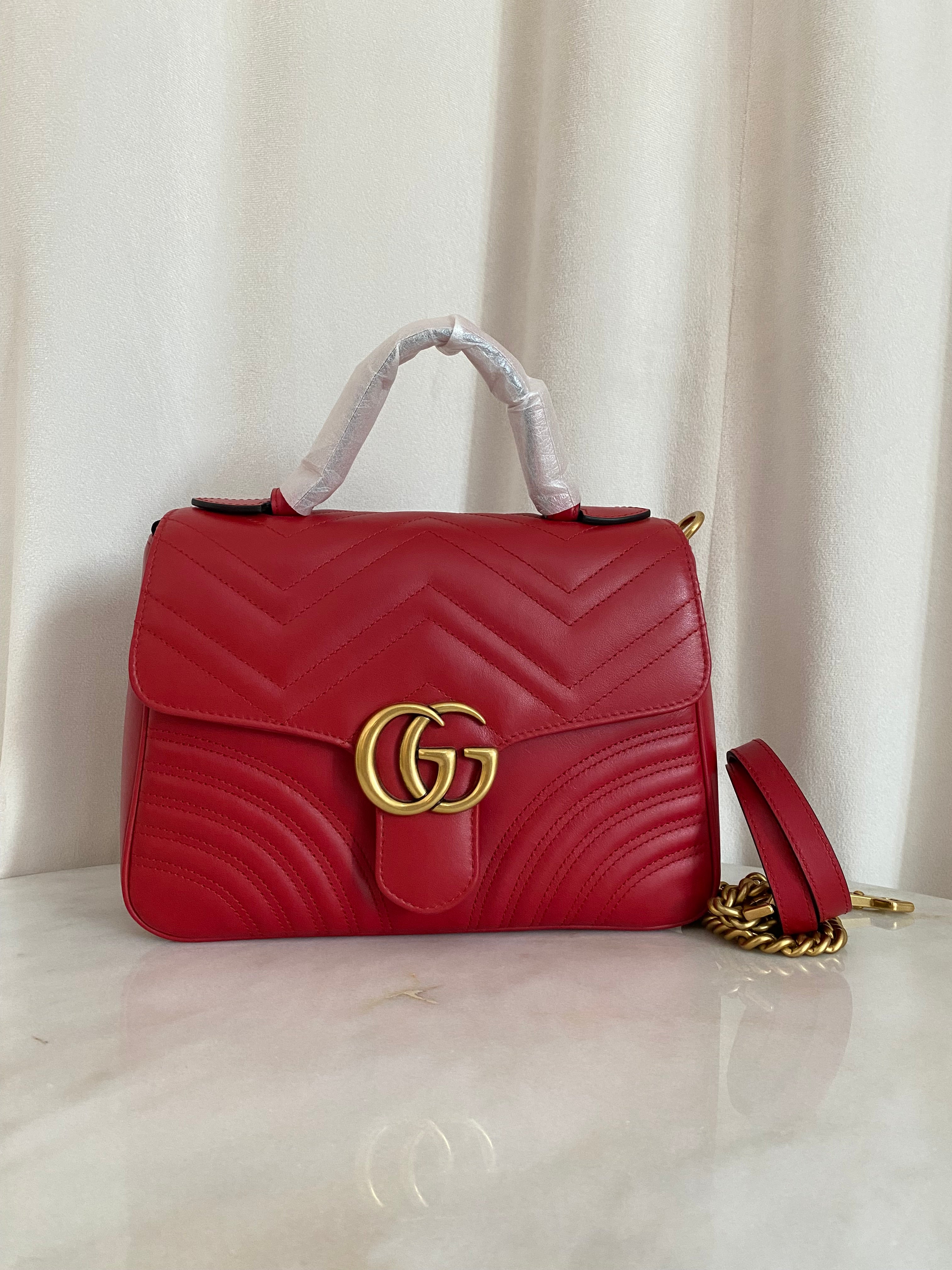 Gucci Red GG Marmont Top Handle Bag W/ Strap