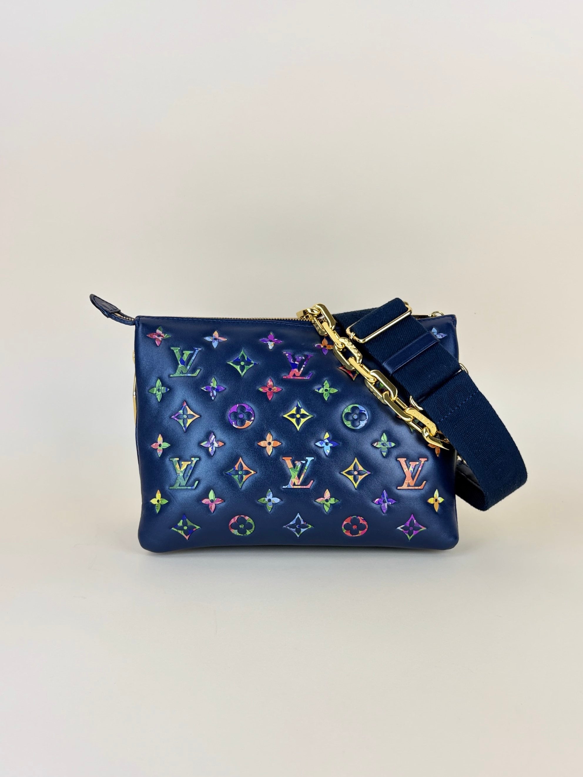 louis Vuitton navy blue lambskin embossed monogram lv garden coissin pm