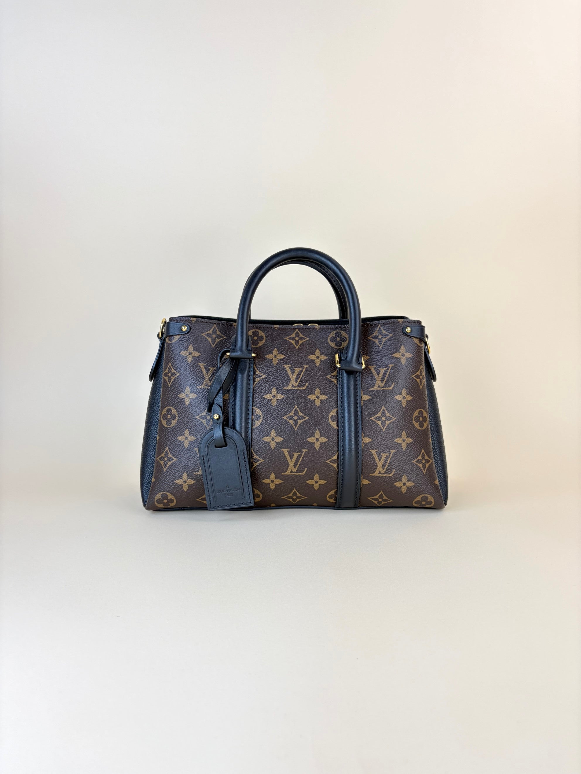 louis Vuitton black calfskin and monogram canvas Soufflot bb tote bag