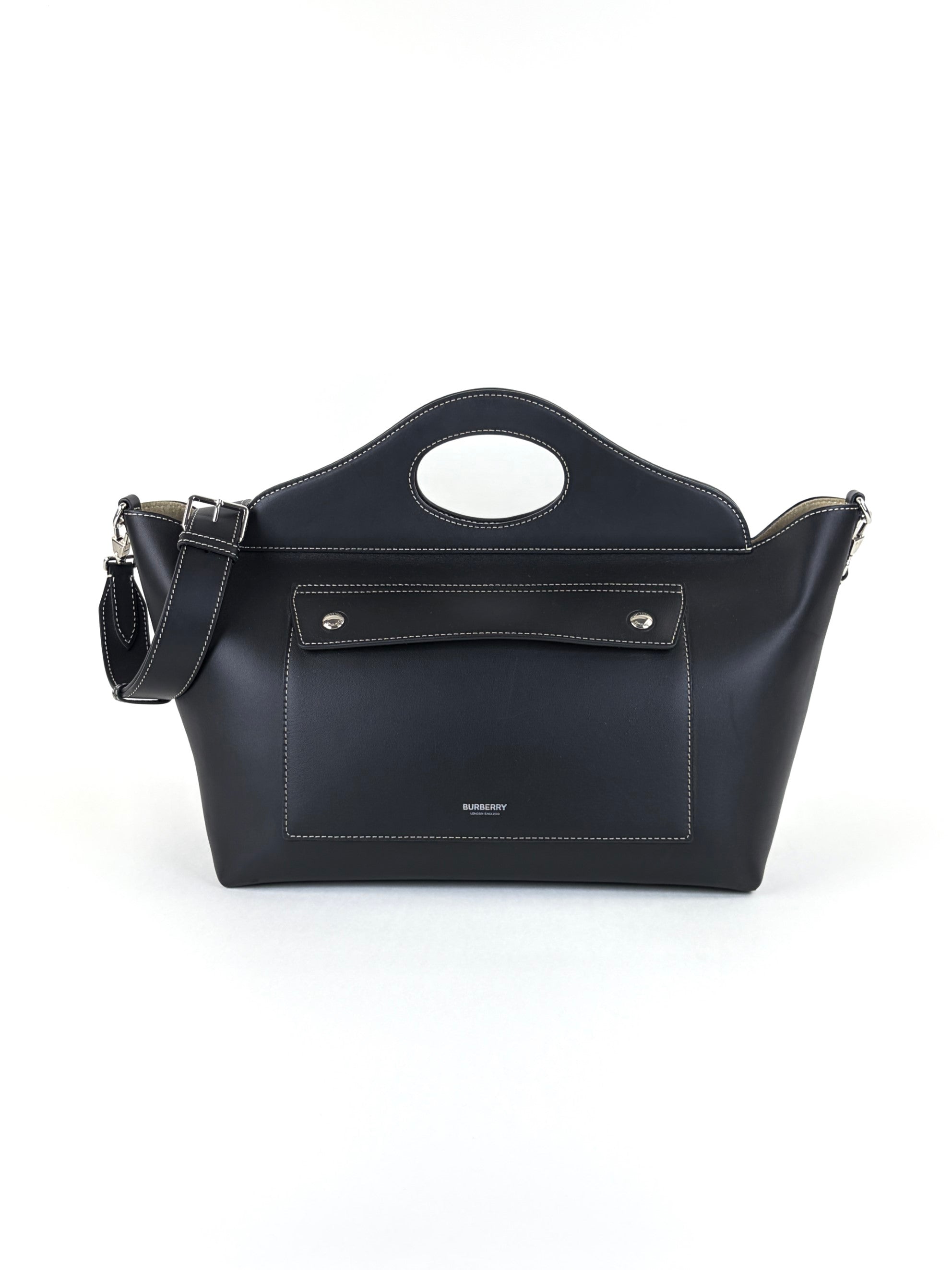 Burberry black calfskin small pocket tote bag