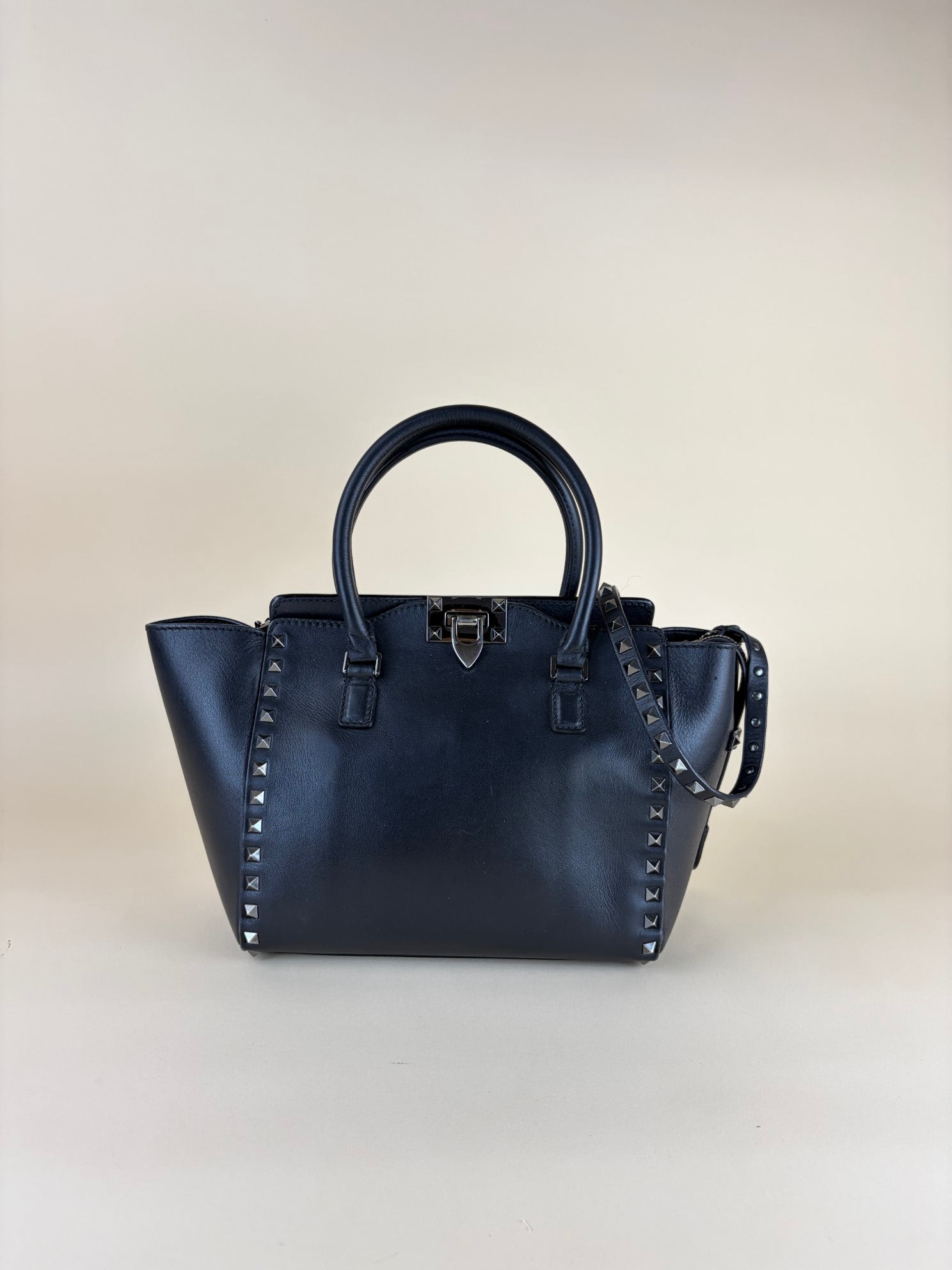 Valentino Black Small rock stud double handle tote bag