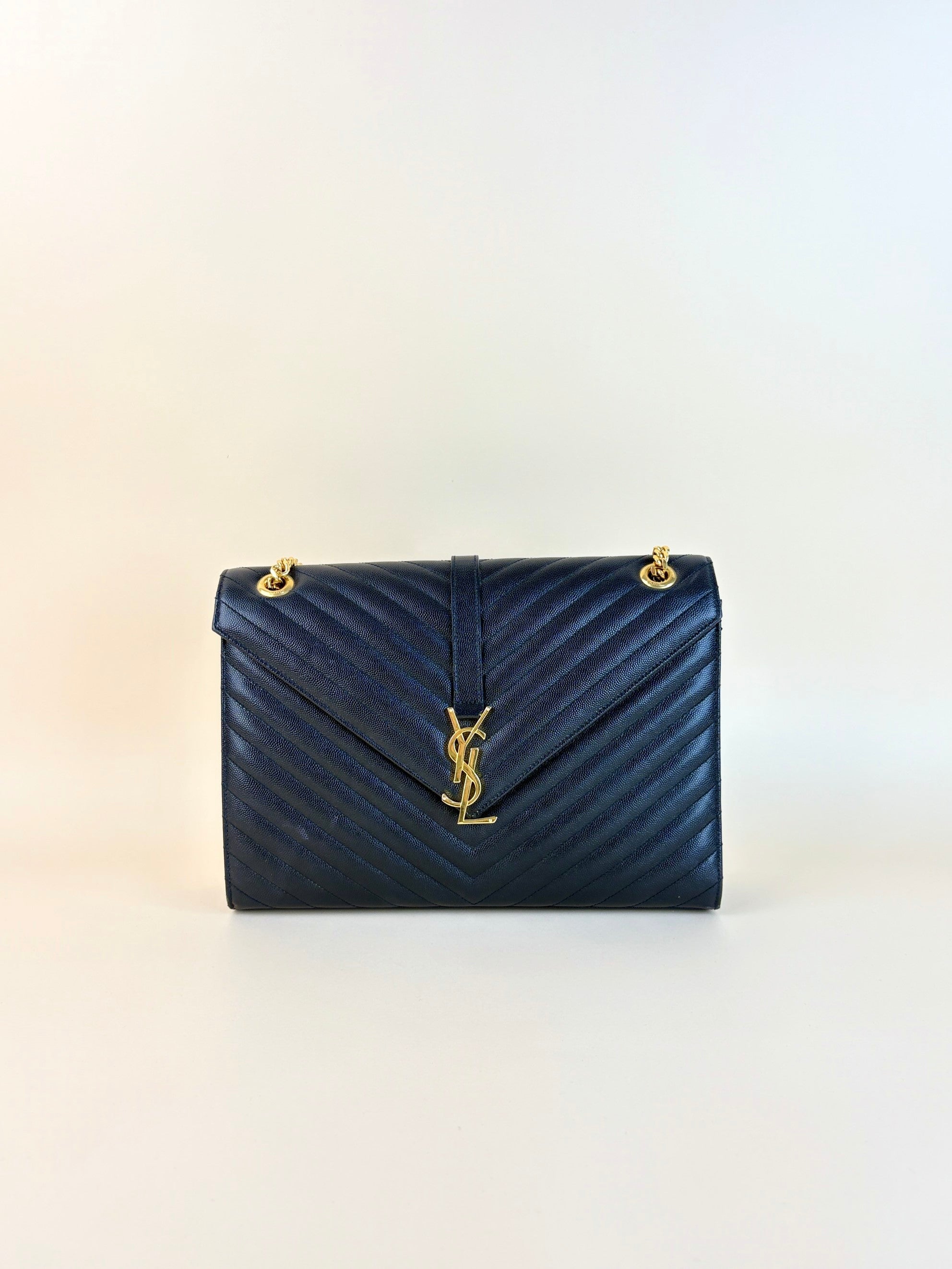 YSL Black Large Envelope Chevron Grain Shoulder Bag