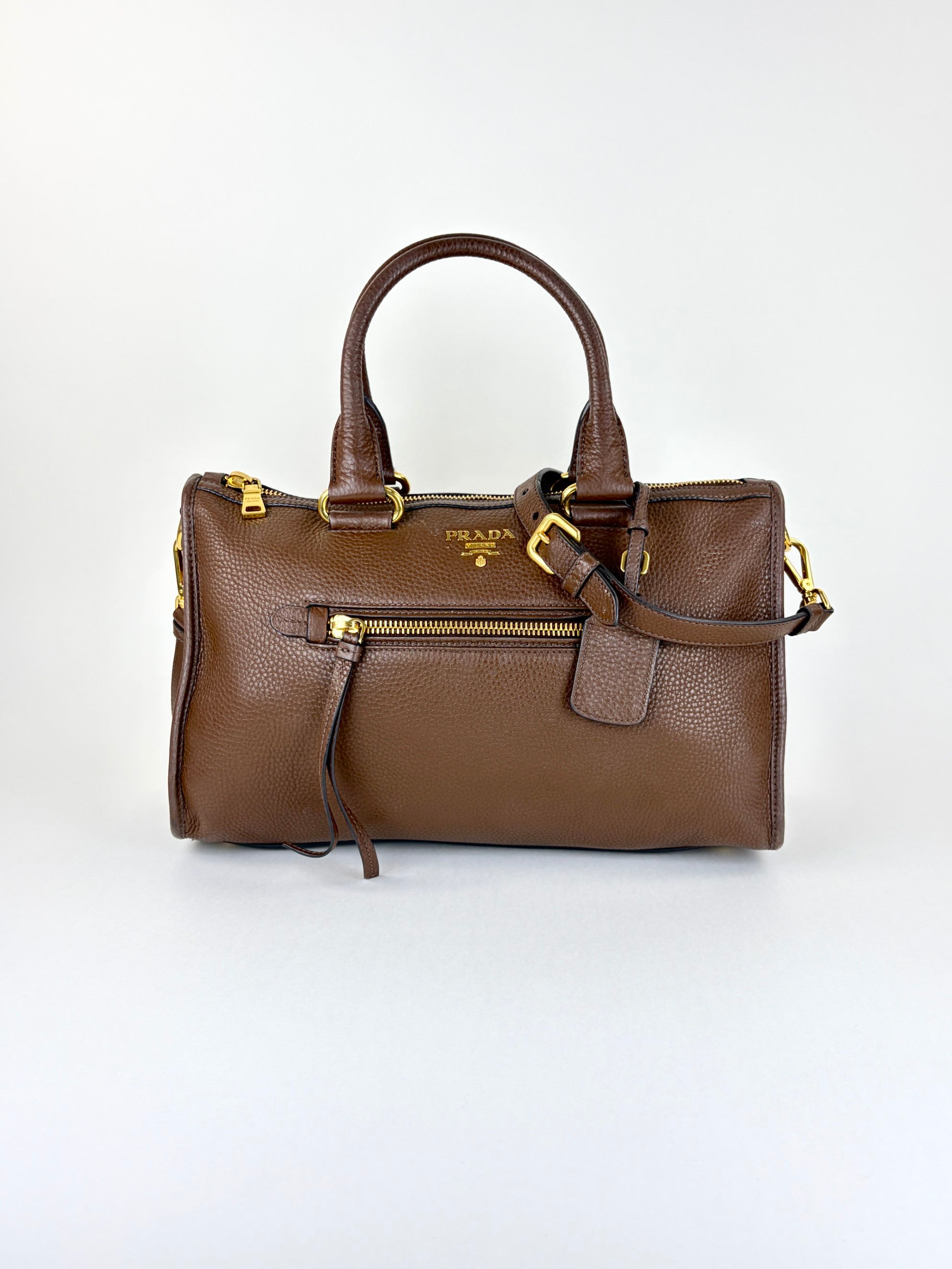 Prada Vitello Daino leather zip brown tote bag