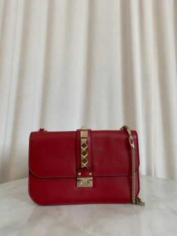 Valentino Coral Red Vitello Glam Lock Rockstud Medium Flap Bag