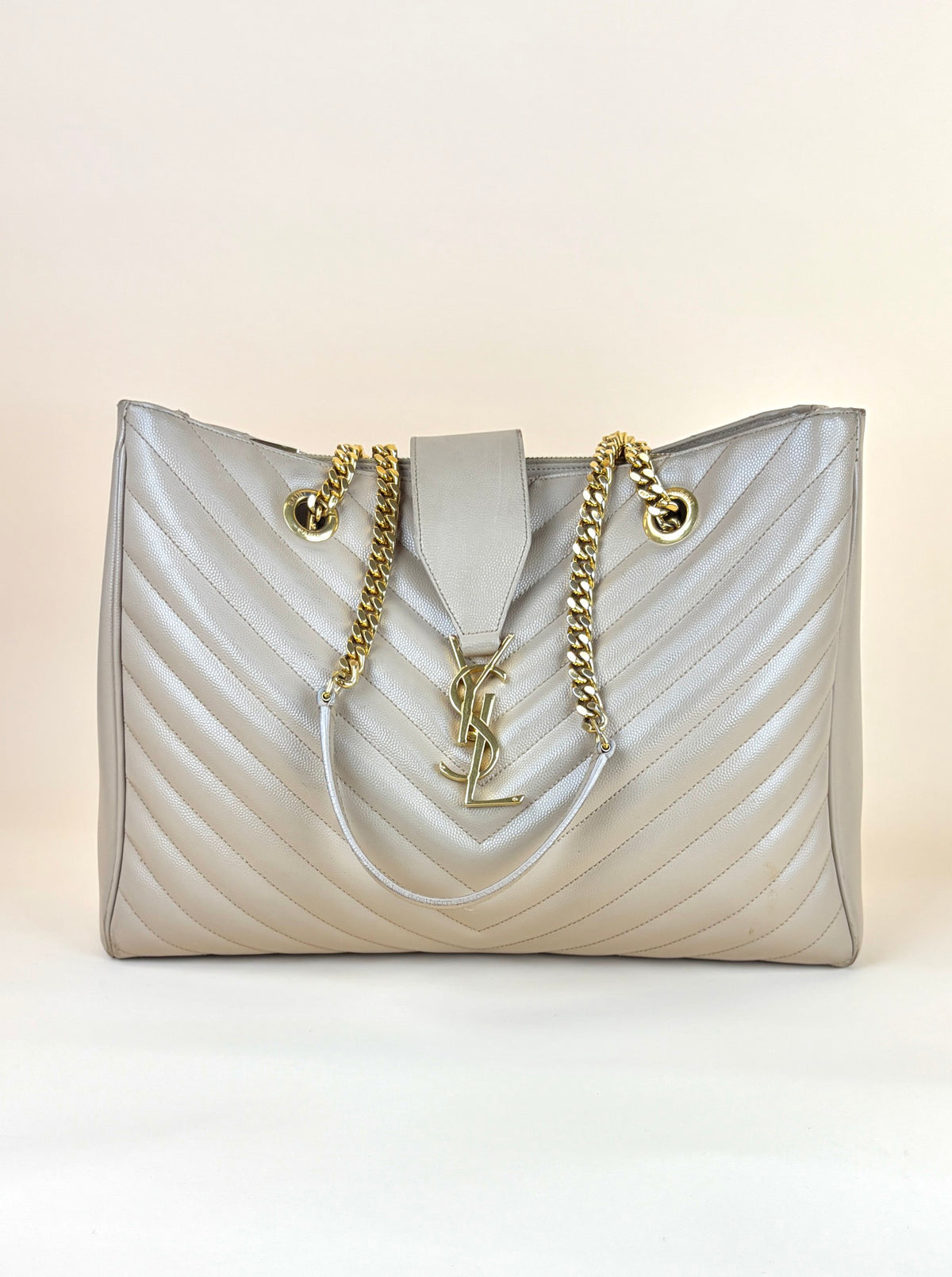 YSL dark beige grain de pouder leather monogram shopping bag