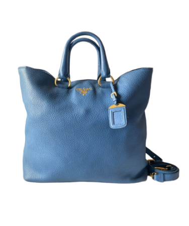 Prada Blue Vitello Daino Vertical Convertible Tote Bag