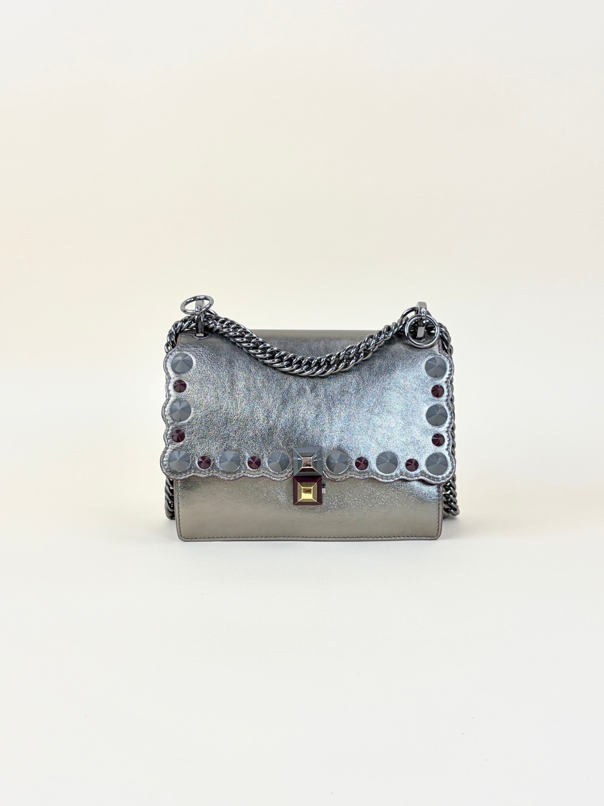 Fendi dark grey vitello catalan mirror scalloped multi studded small kanl