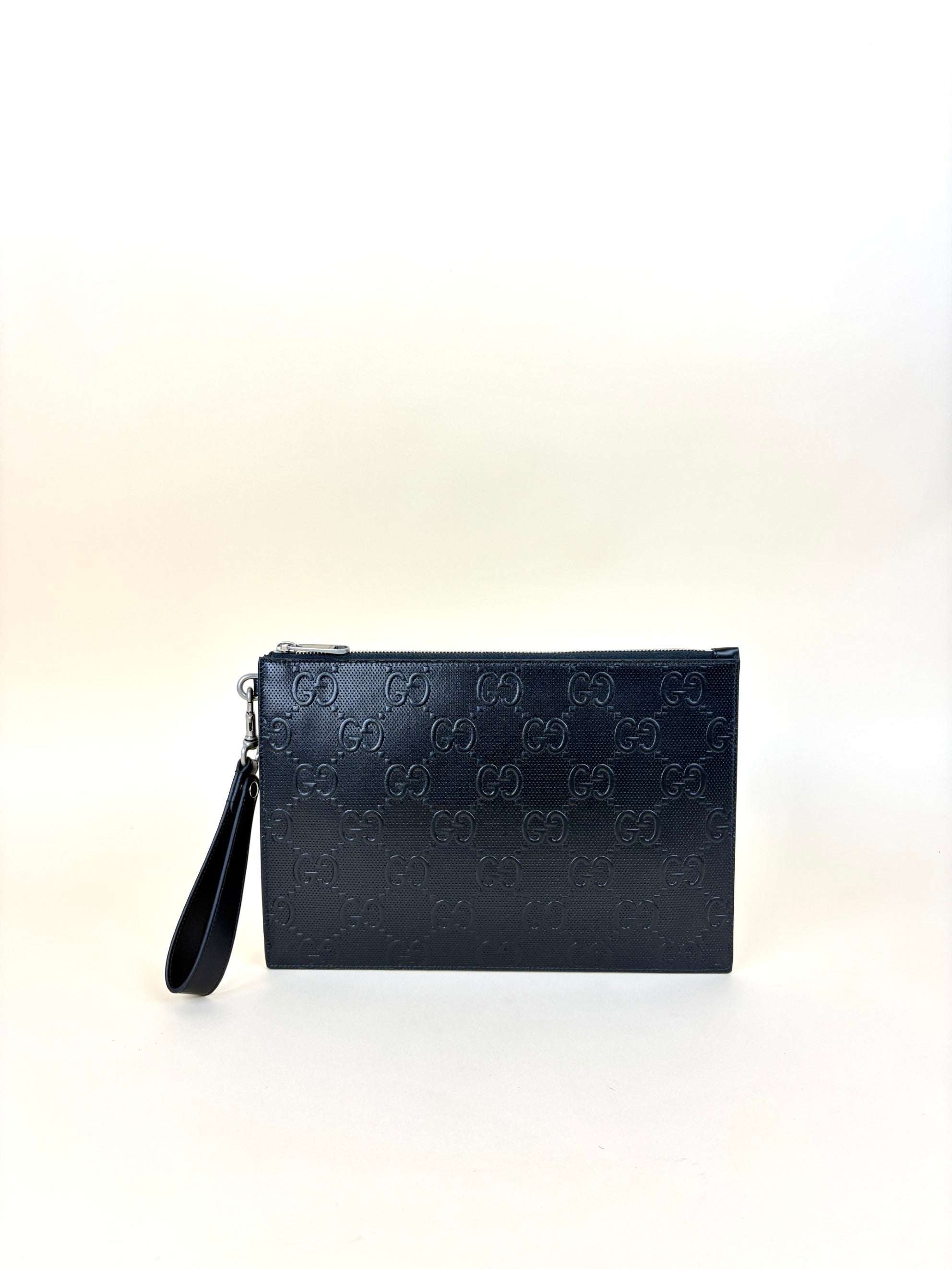 Gucci black Clutch calf skin gg tennis embossed wristlet pouch