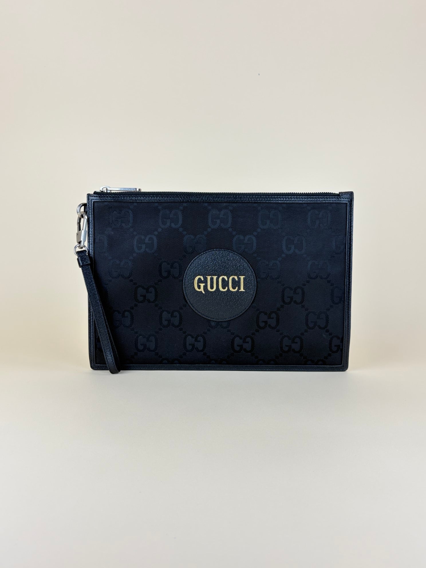 gucci black -off the grid leather- trimmed monogramed econyl canvas pouch