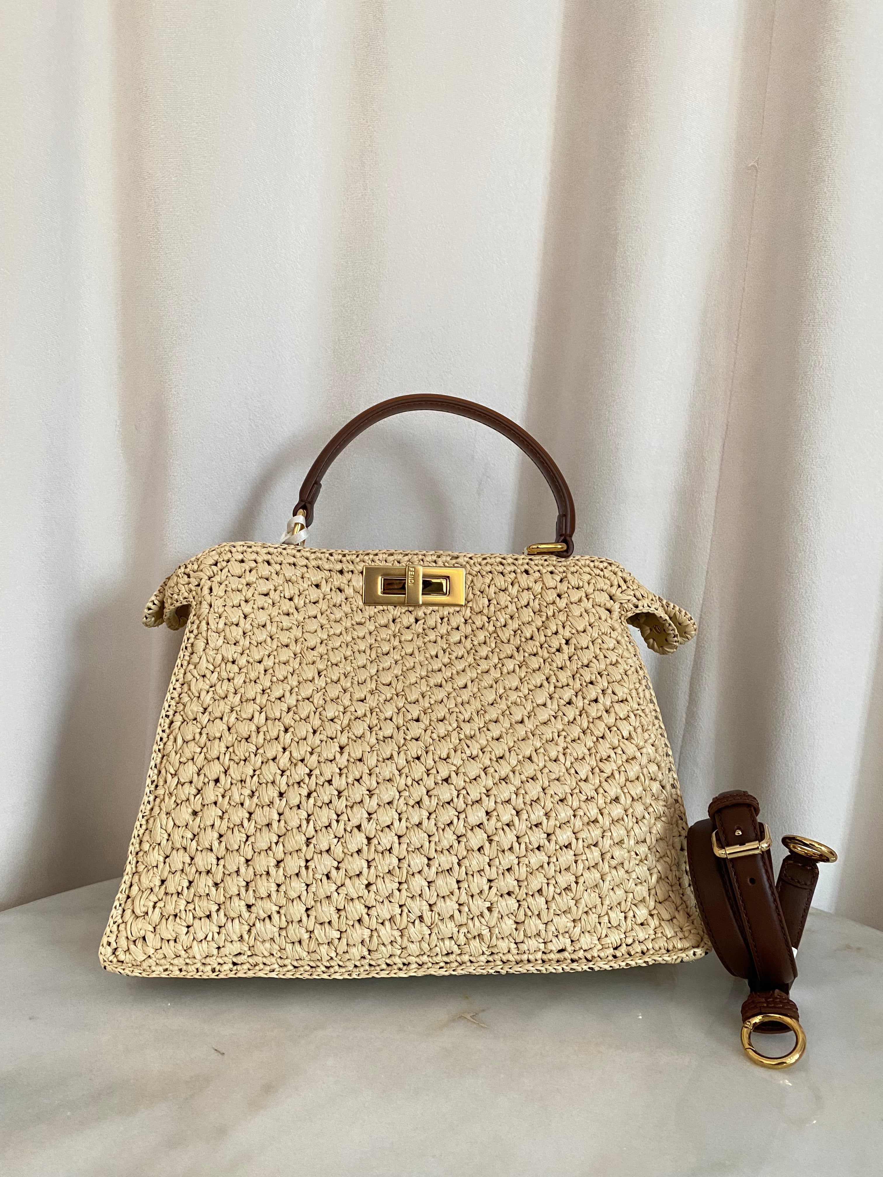 Fendi Beige Raffia Peekaboo I See U Top Handle Bag W/ Strap