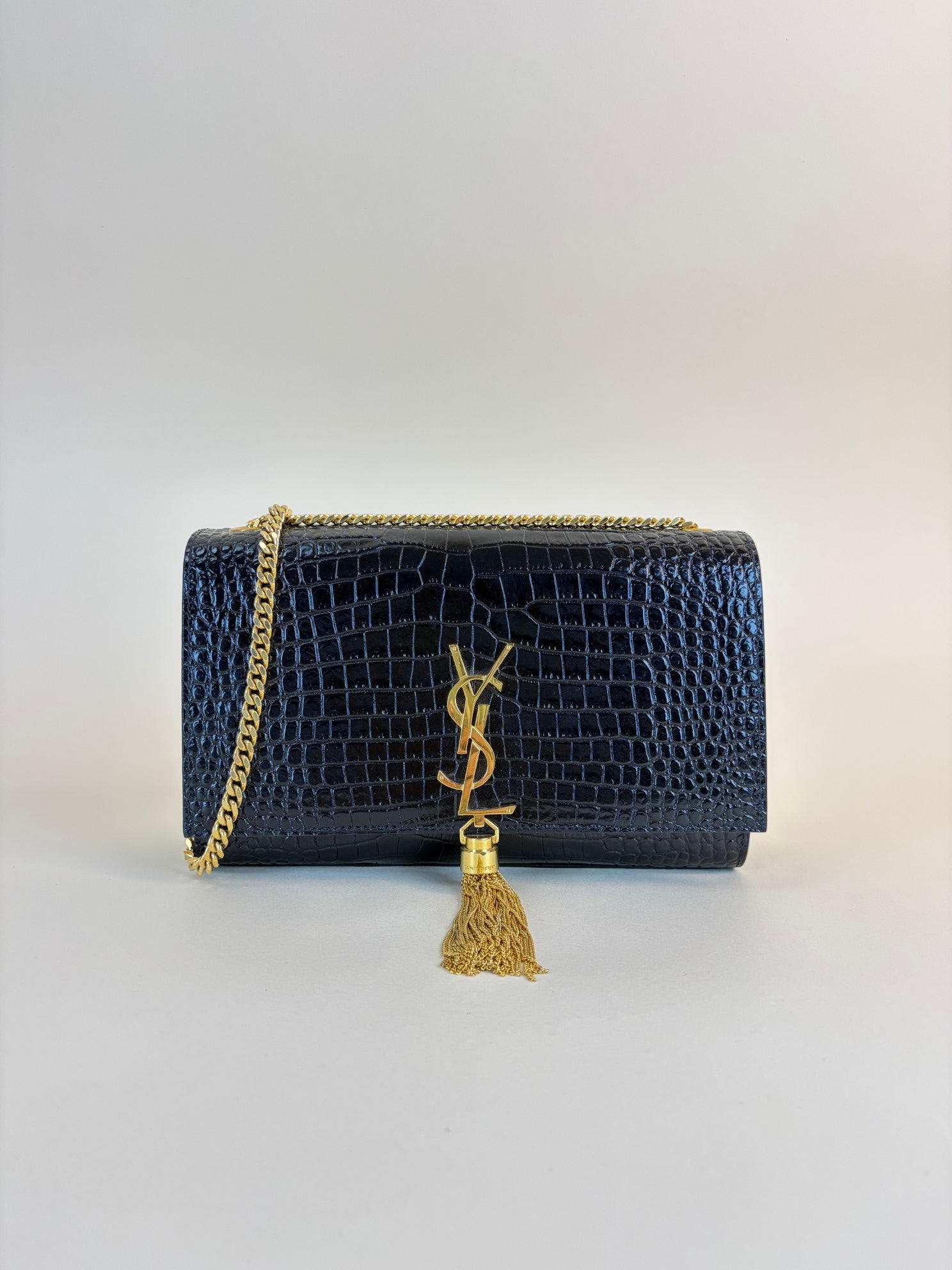 YSL Black Kate Tassel Crocodile Embossed Bag