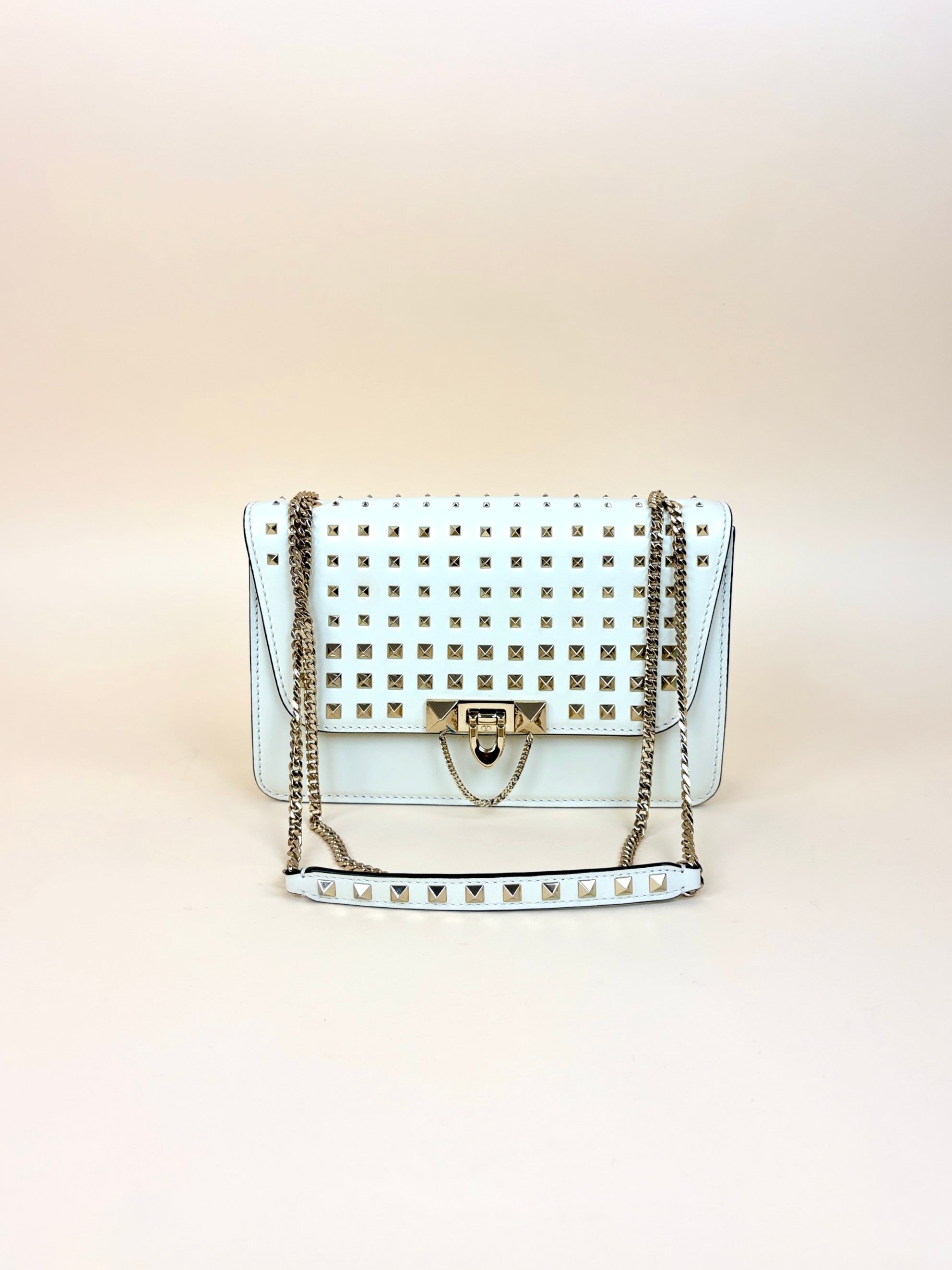 Valentino Light Ivory Vitello Small Rockstud All Over Demilune Shoulder Bag