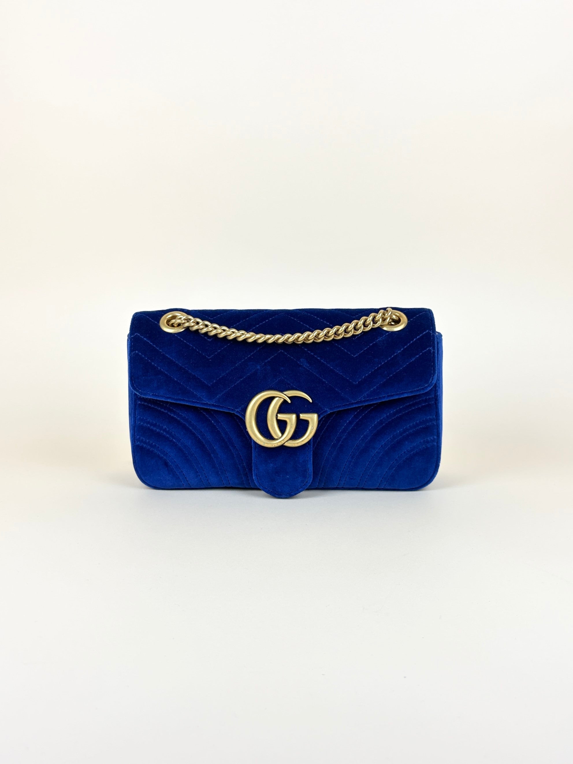 Gucci cobalt Blue GG Marmont Velvet small matelassé Shoulder Bag