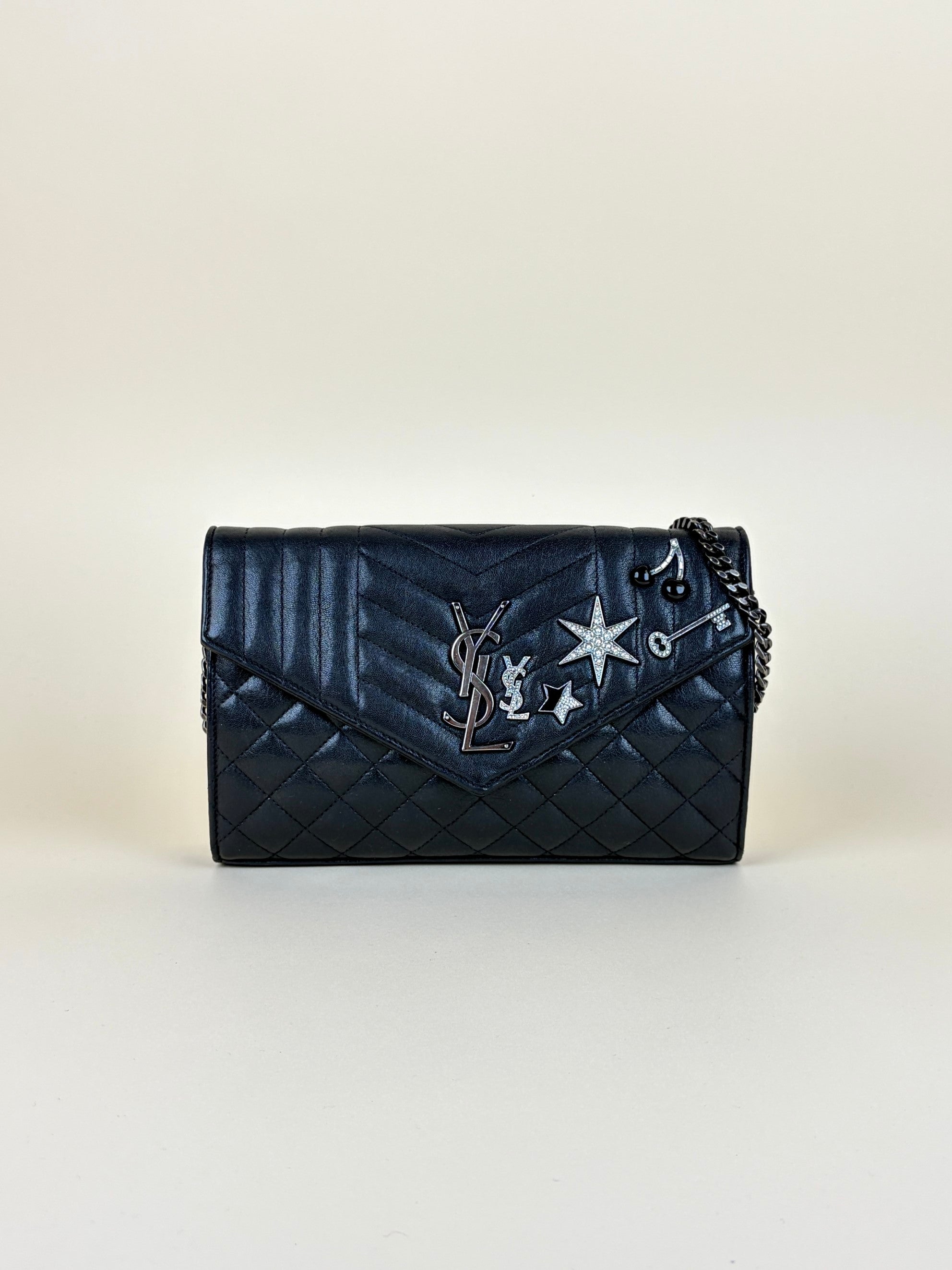 YSL Black Mixed matelassé monogram charms chain wallet