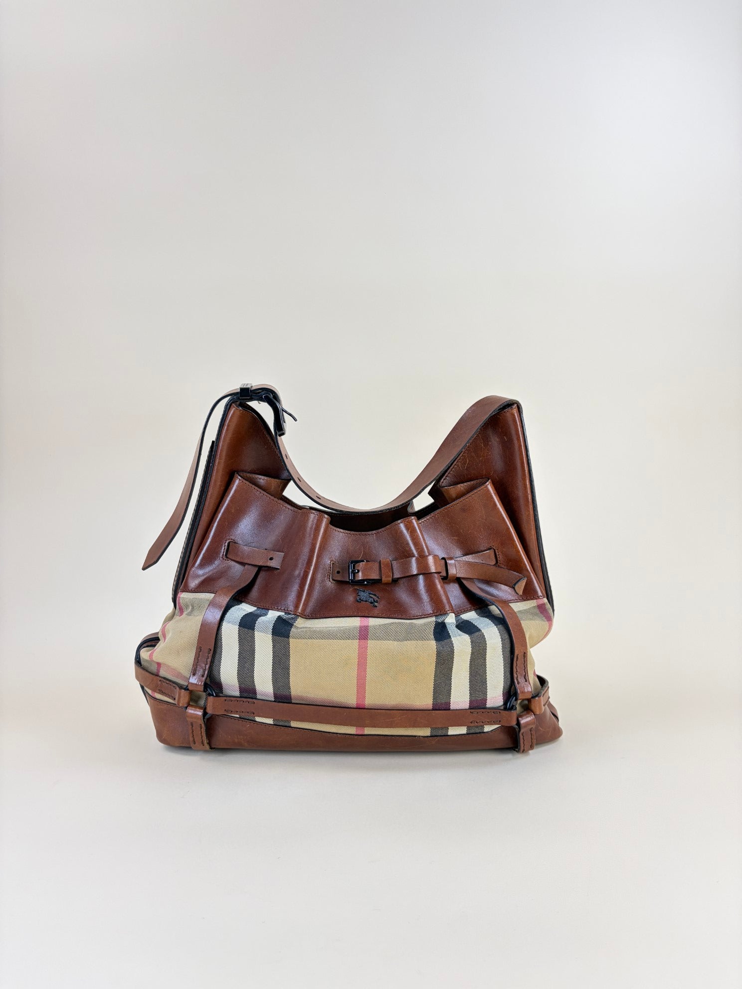 Burberry Bicolor Bridle Kenton Hobo House Check Shoulder Bag