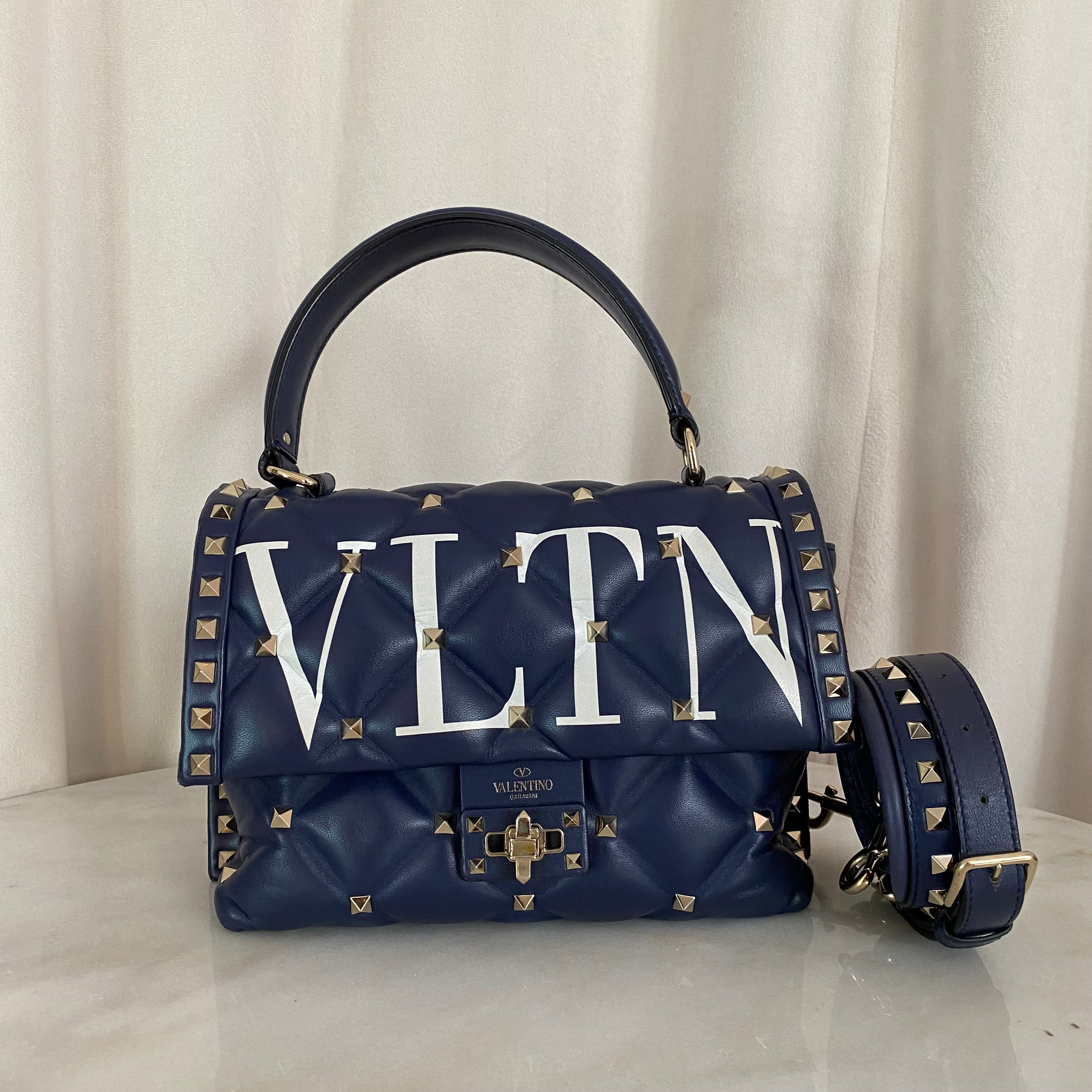 Valentino Navy Blue Padded Candystud VLTN Logo Top Handle Bag W/ Strap