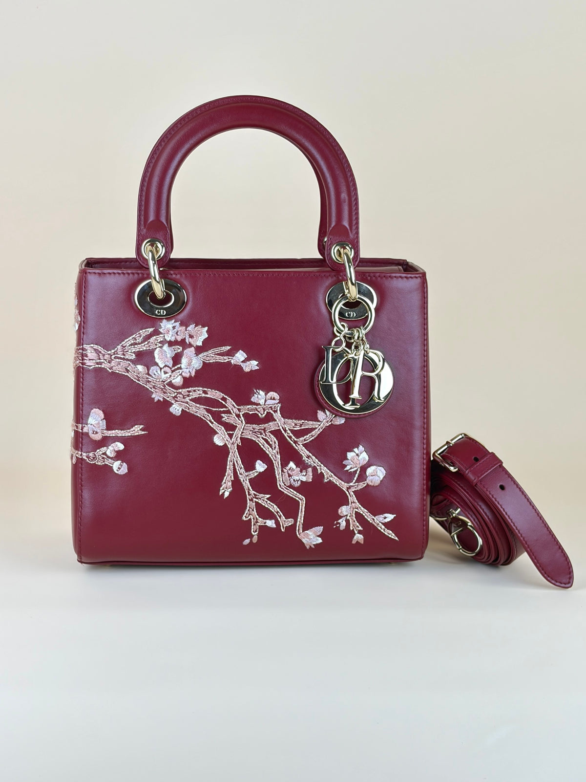 Christian Dior Burgandy calfskin cherry blossom Lady Dior Medium Bag