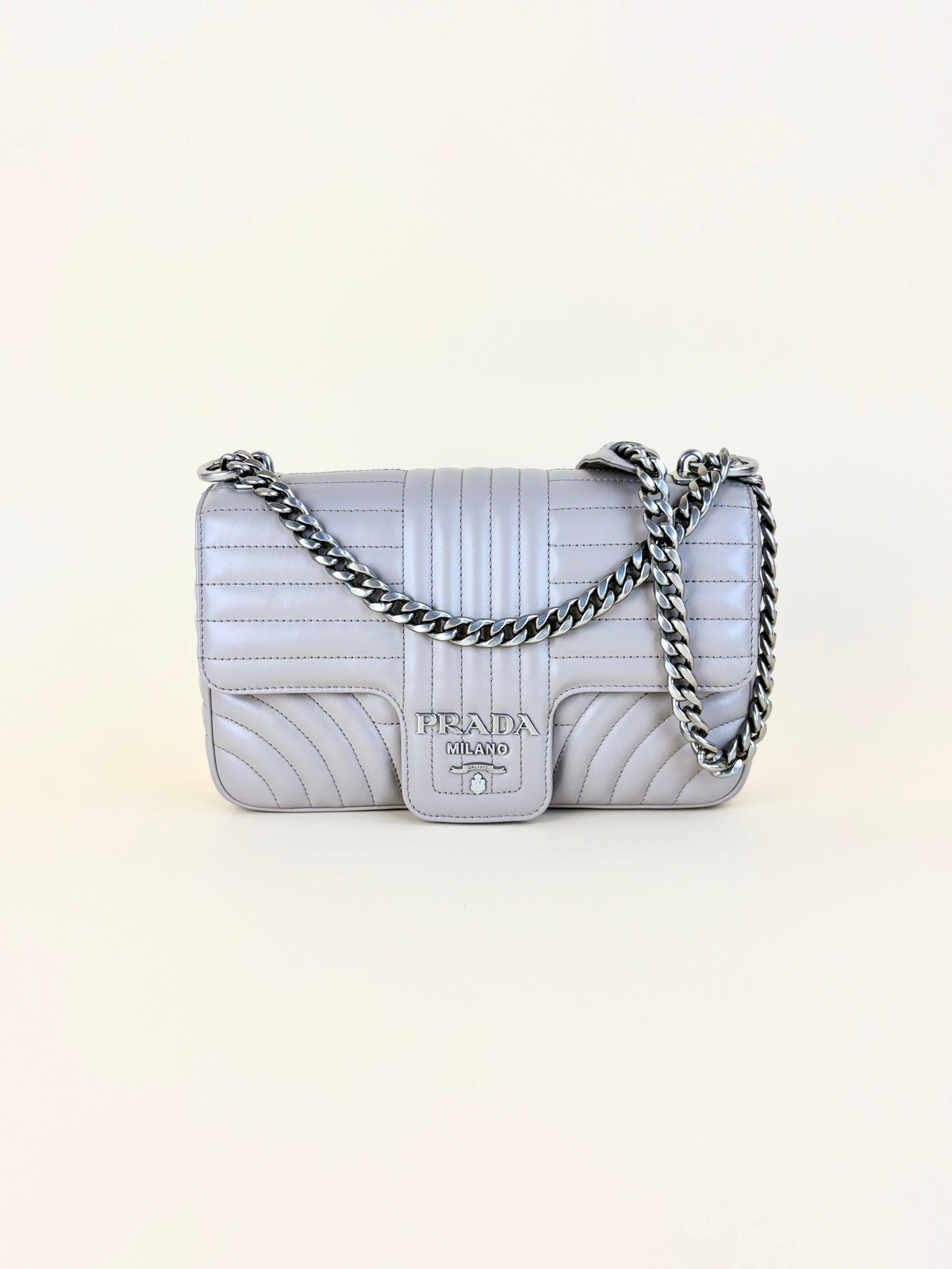 Prada grey soft calfskin imposture diagrammed medium chain flap