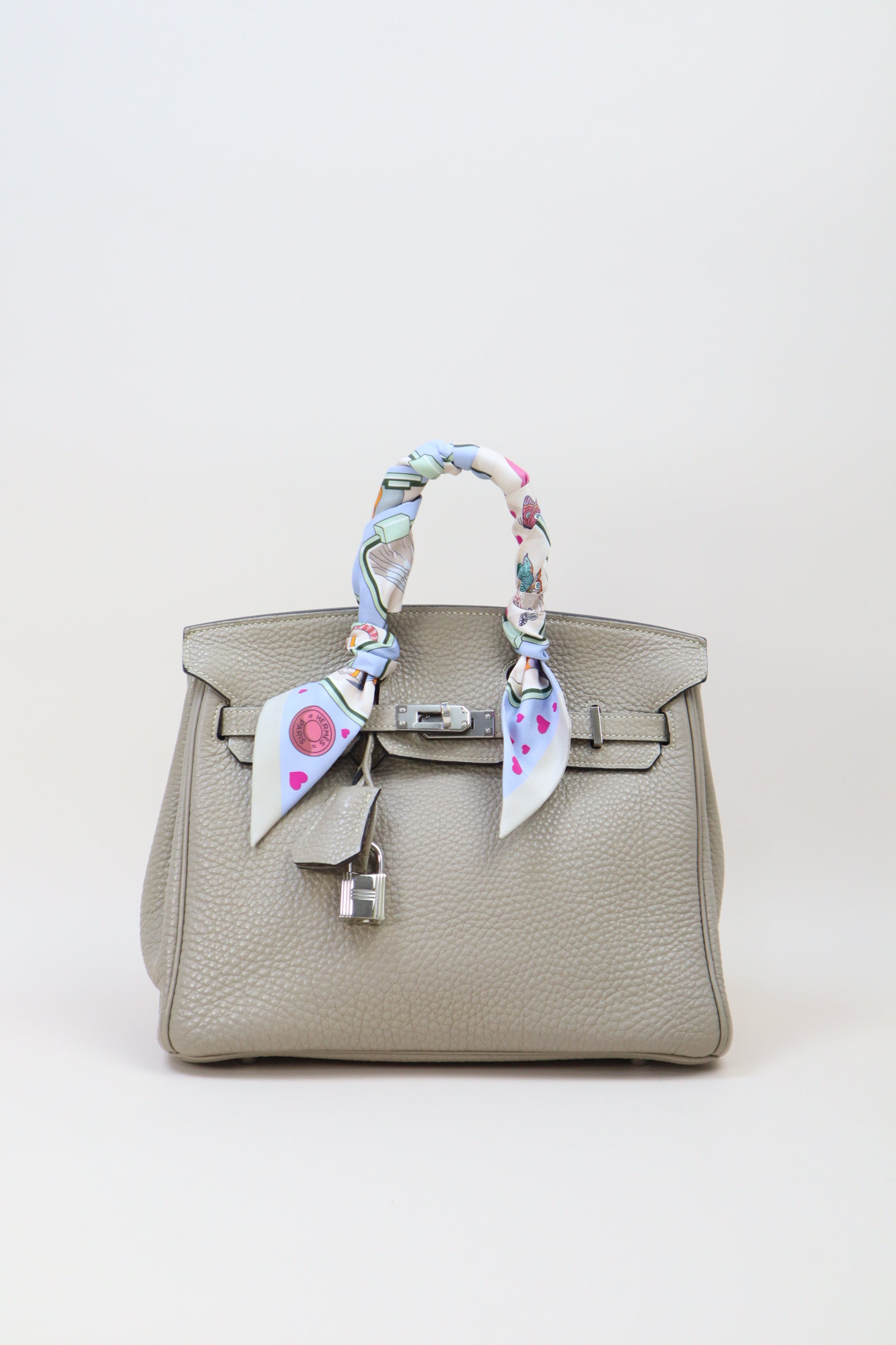 Hermes Gris Tourterelle Birkin 25 Bag with Twilly