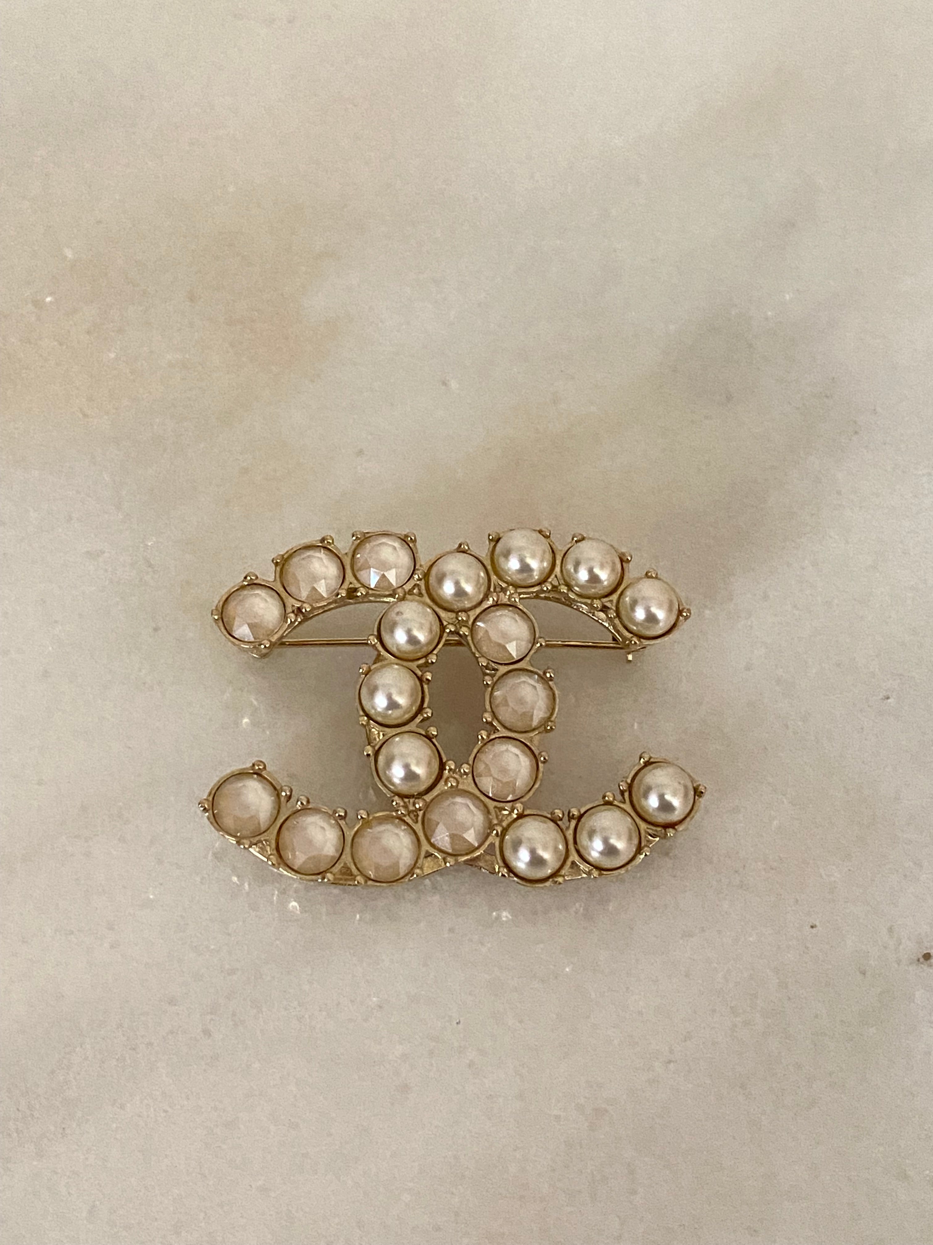 Chanel Gold CC Crystal Pearl Brooch