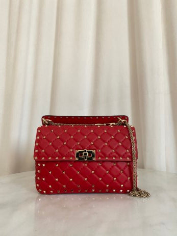 Valentino Red Spike Medium Studded Top Handle Bag W/ Silver Chain