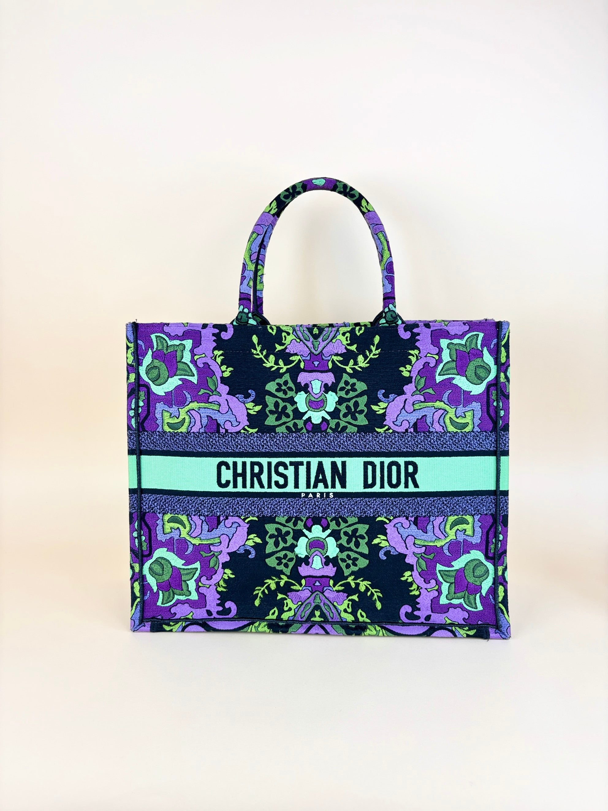 Christian Dior multicolor canvas embroider Indian purple large tote bag