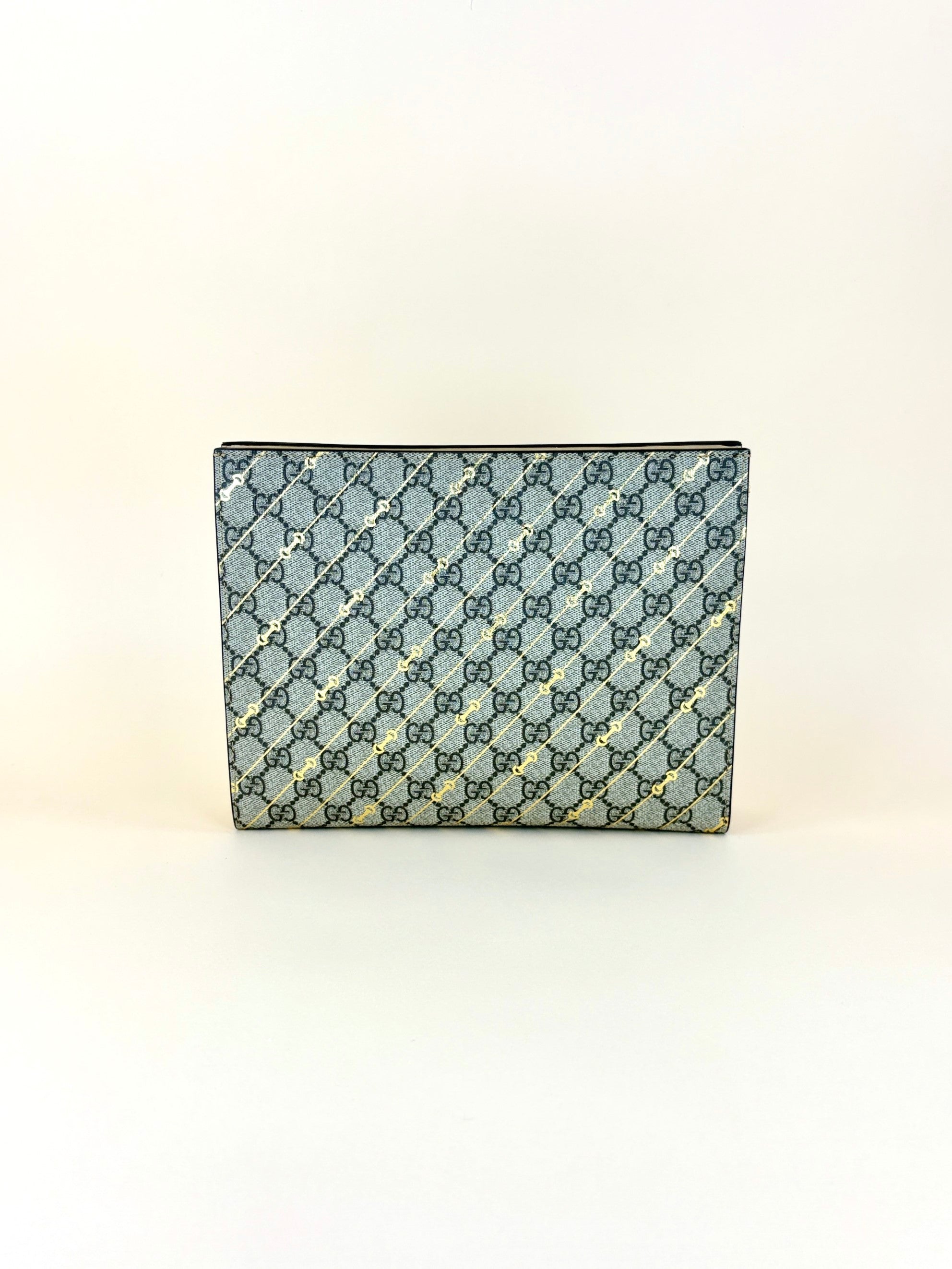 Gucci beige gg supreme monogram canvas and calfskin with gold horse bit print pouch