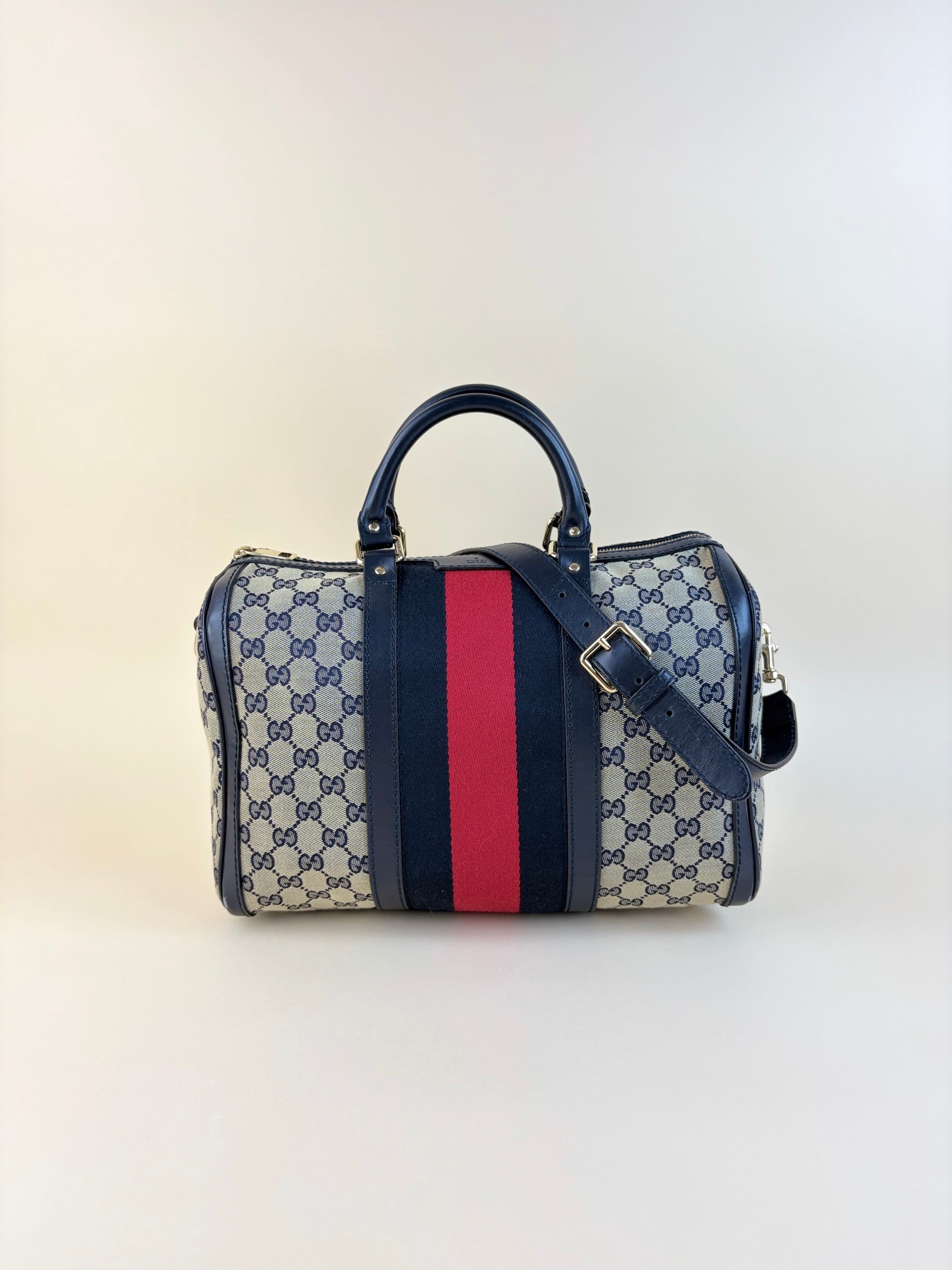 Gucci Blue GG Vintage Web Medium Boston Bag with Shoulder Strap