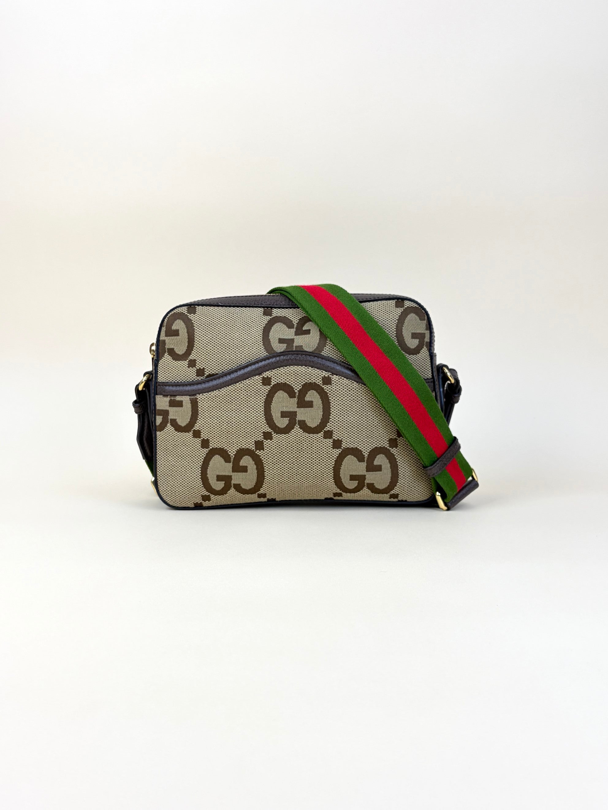 Gucci Bicolor Monogram Jumbo GG Web Strap Messenger Shoulder Bag