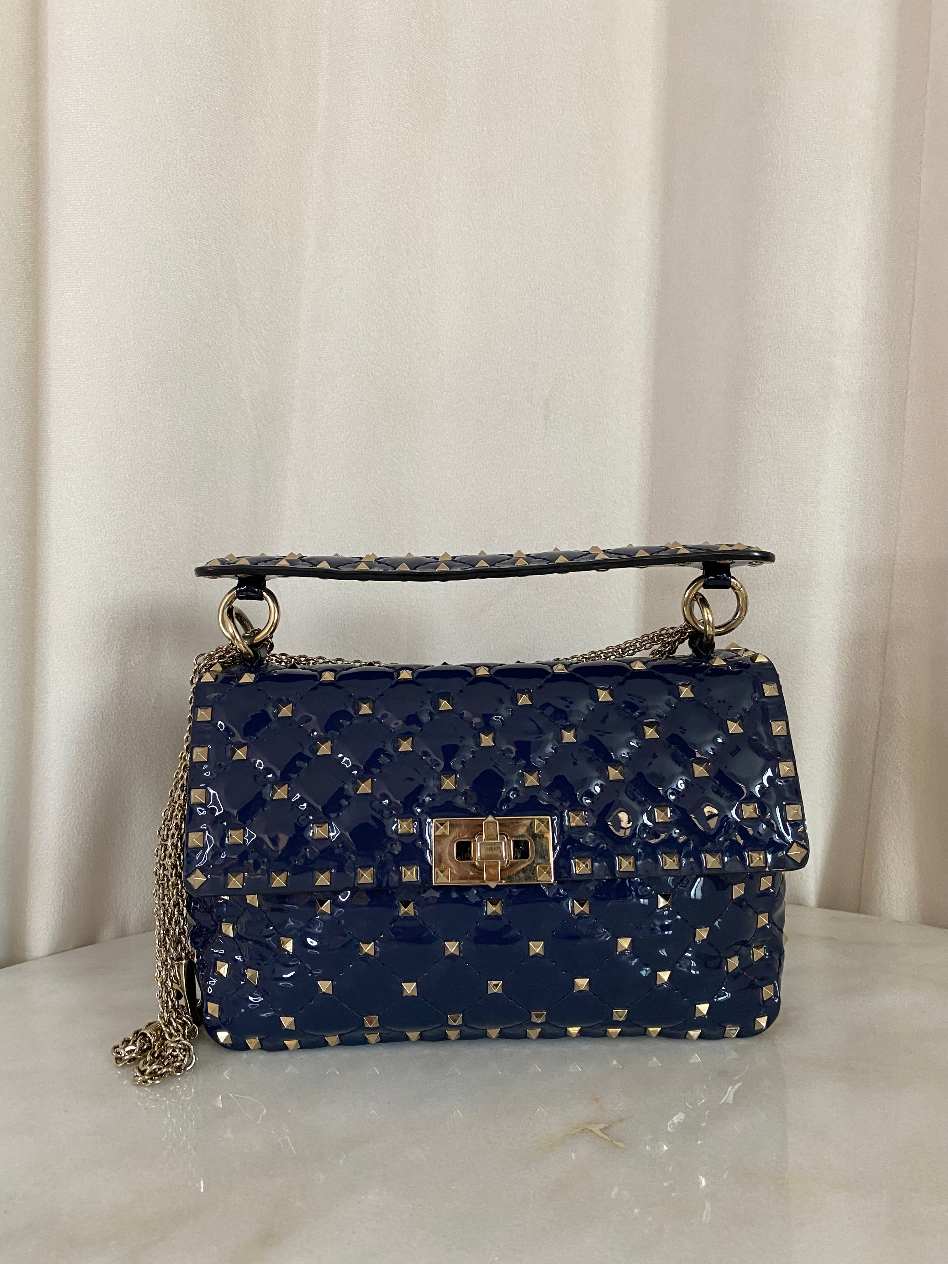 Valentino Navy Blue Medium Rockstud Spike Top Handle Bag