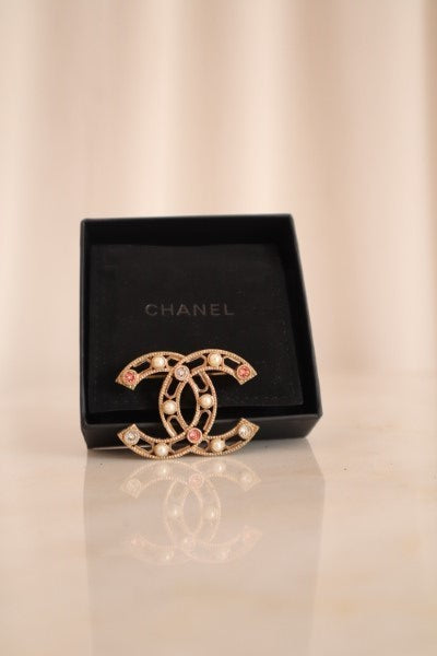 Chanel Gold CC Pearl Brooch