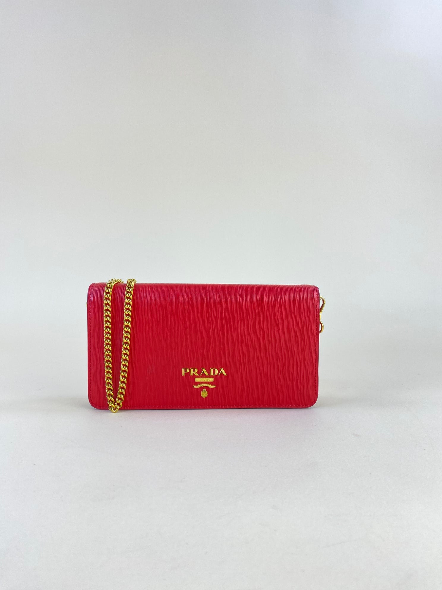 Prada red leather woc gold chains