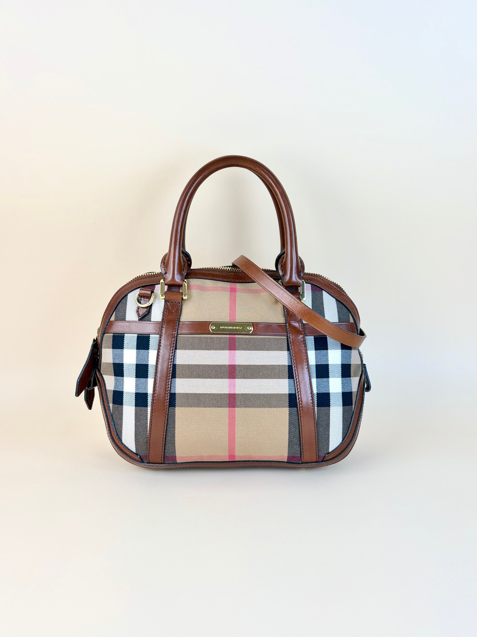 Burberry Brown House Check Small Orchard Bowling Bag with Strap