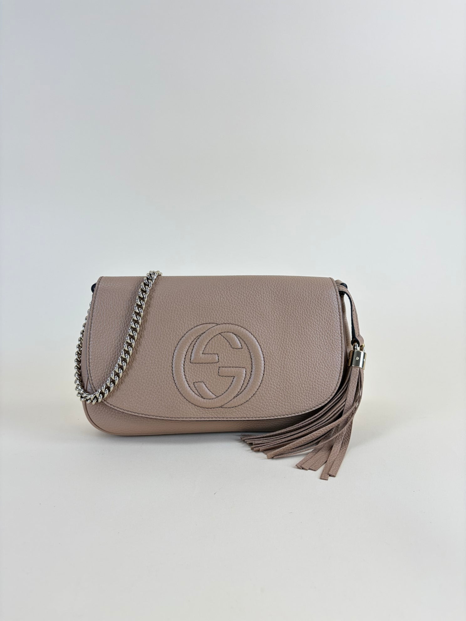 Gucci pebbled calfskin medium soho flap chain crossbody bag