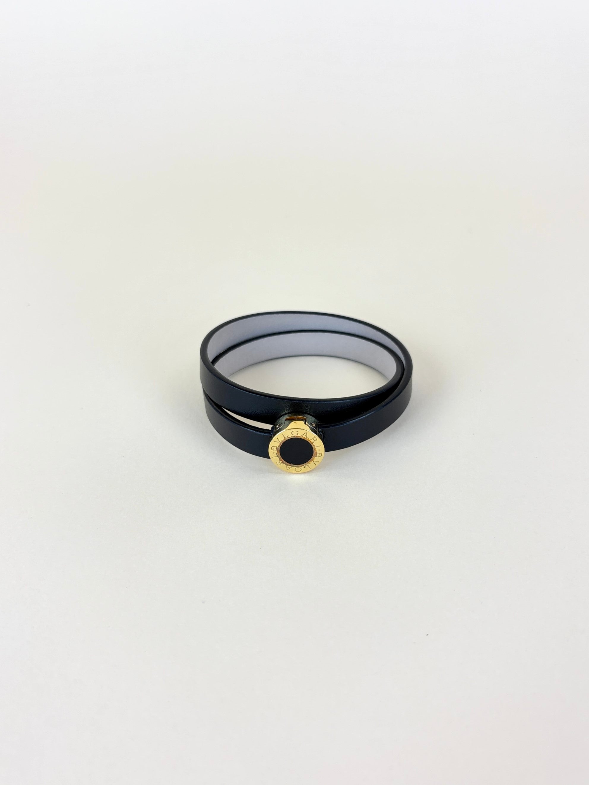 Bvlgari black soft calf leather with iconic gold plated hardware double tour medium bracelet