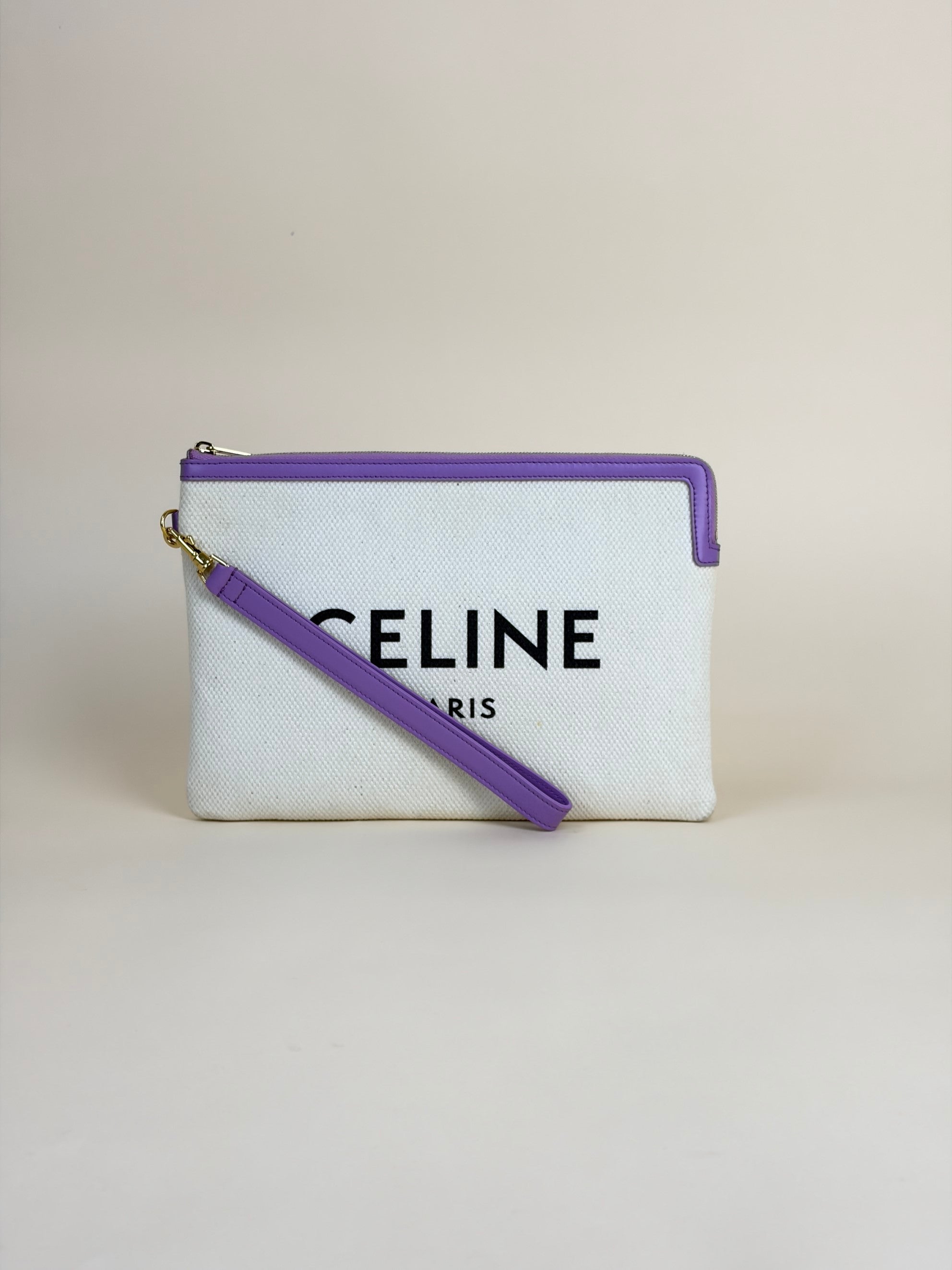 Celine small logo wriswristlet let beige canvas /mauve leather clutch