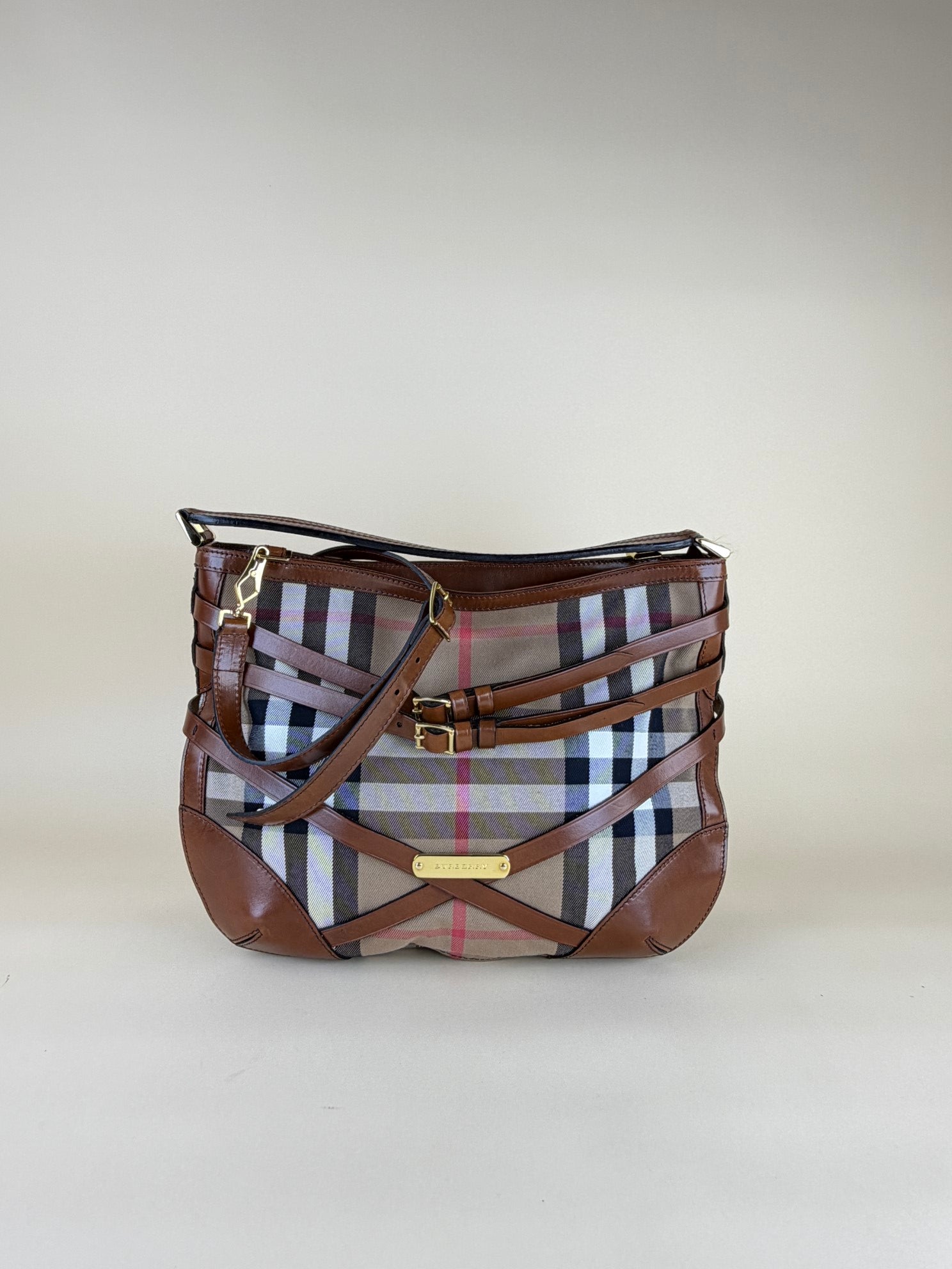 Burberry Camel Dutton Bridle House Check Small Hobo Bag