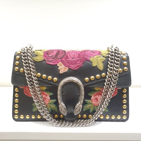 Gucci Black Floral Embroidered Studded Dionysus Bag