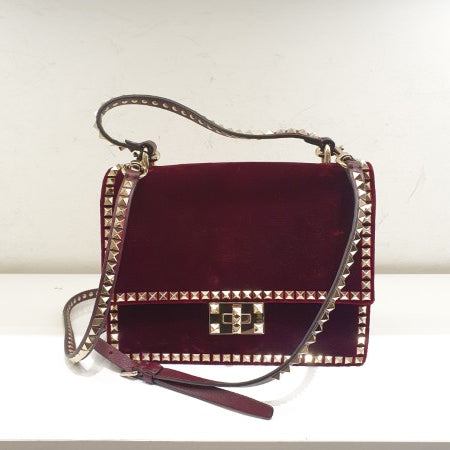 Valentino Dark Red Velvet Garavani Rockstud Tote Bag