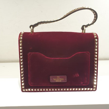 Valentino Dark Red Velvet Garavani Rockstud Tote Bag