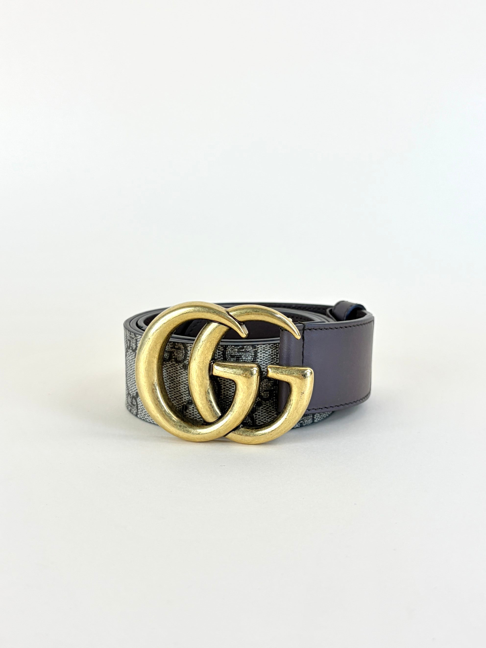 Gucci beige gg supreme monogram and brown calfskin double g buckle 40mm belt