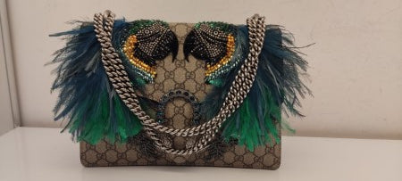 Gucci Bicolor GG Supreme Monogram Feather Embroidered Parrot Dionysus Bag